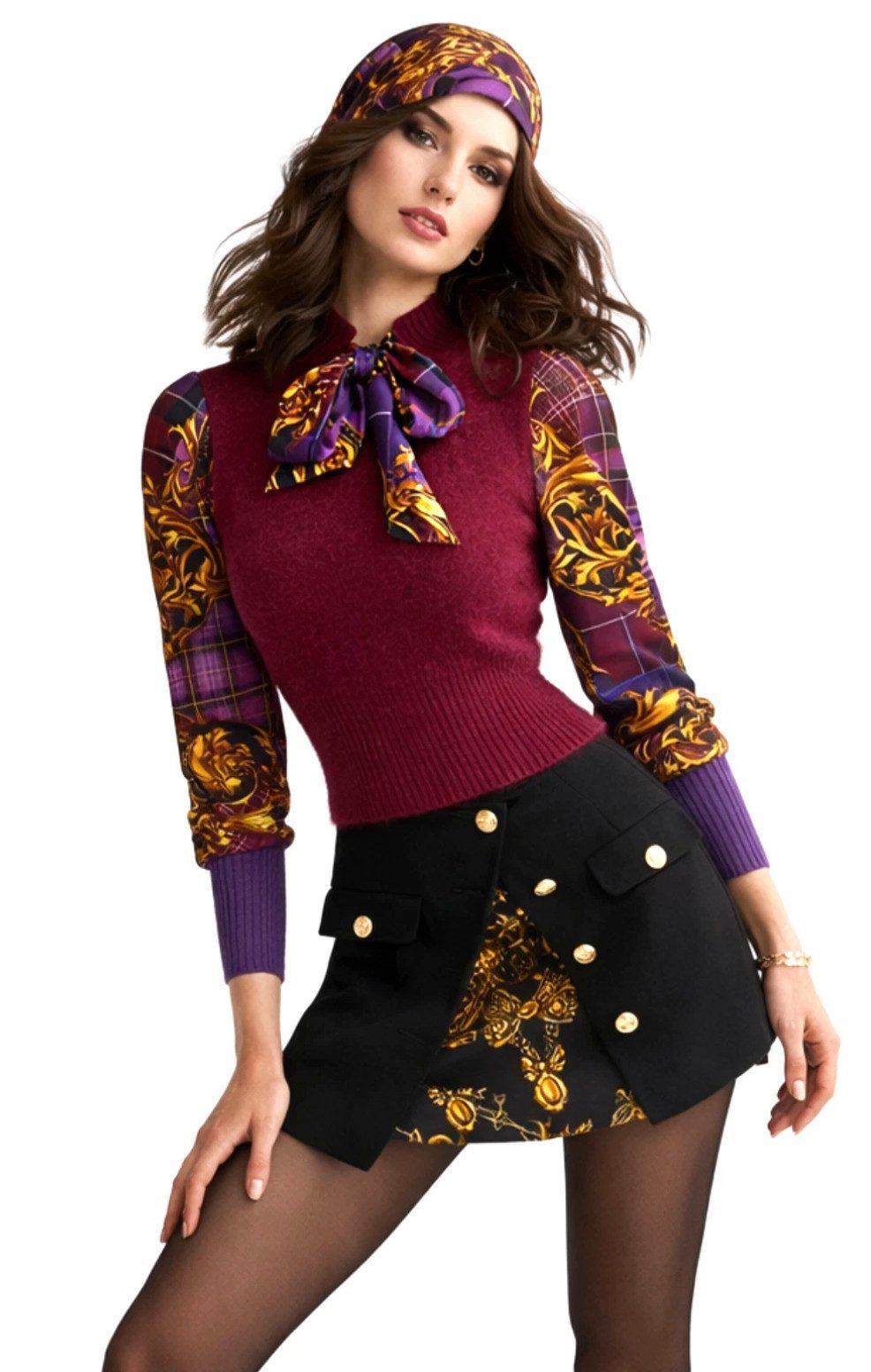 Versace Jeans Couture Strickpullover Damen Pullover mit Schal-Detail Barock & Tartan Design luxuriöse Eleganz mit modernem Fashion-Statement