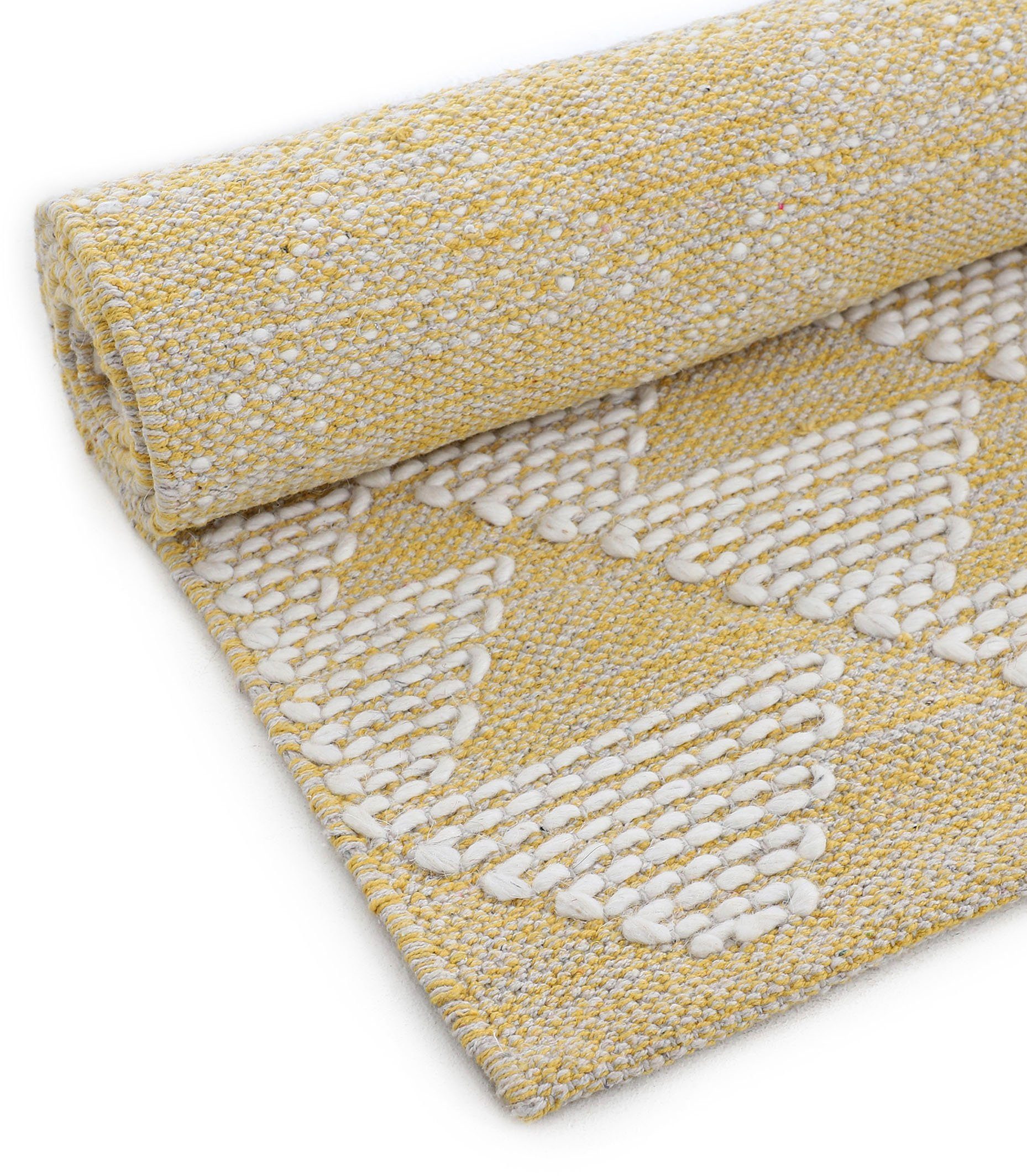 Hoch-Tief gelb handgewebt, rechteckig, Handweb, Durry, 5 Teppich Höhe: geometrisch, Effekt, Kelim reine carpetfine, Baumwolle mm,
