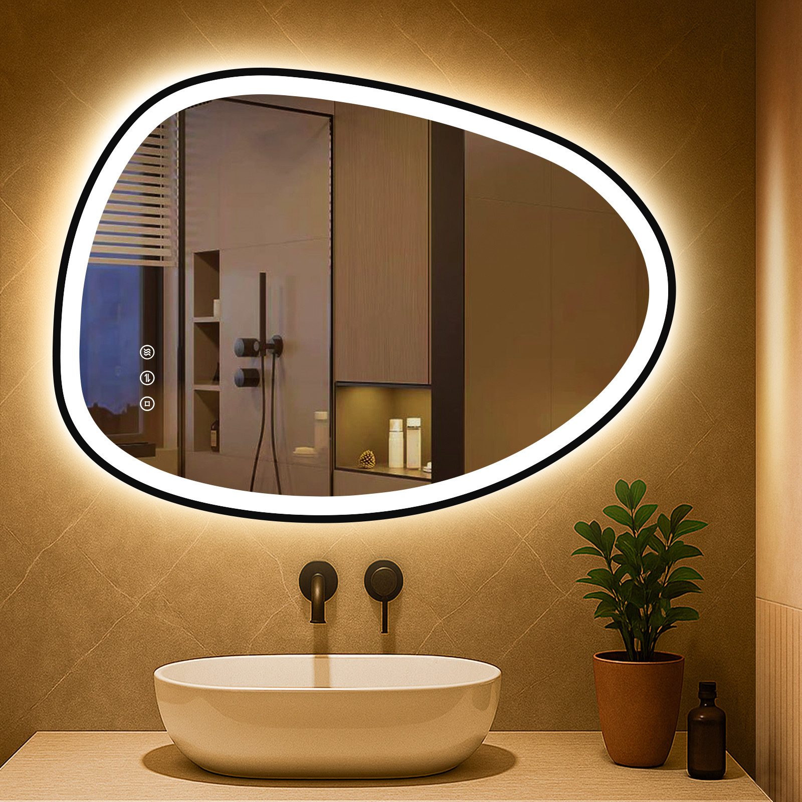 PESENXAN Badspiegel Asymmetrischer Spiegel mit LED-Beleuchtung - Dimmbar, 3 Lichtfarben (1-St), Badezimmerspiegel mit Memory-Funktion, Beschlagfrei, Energiesparend
