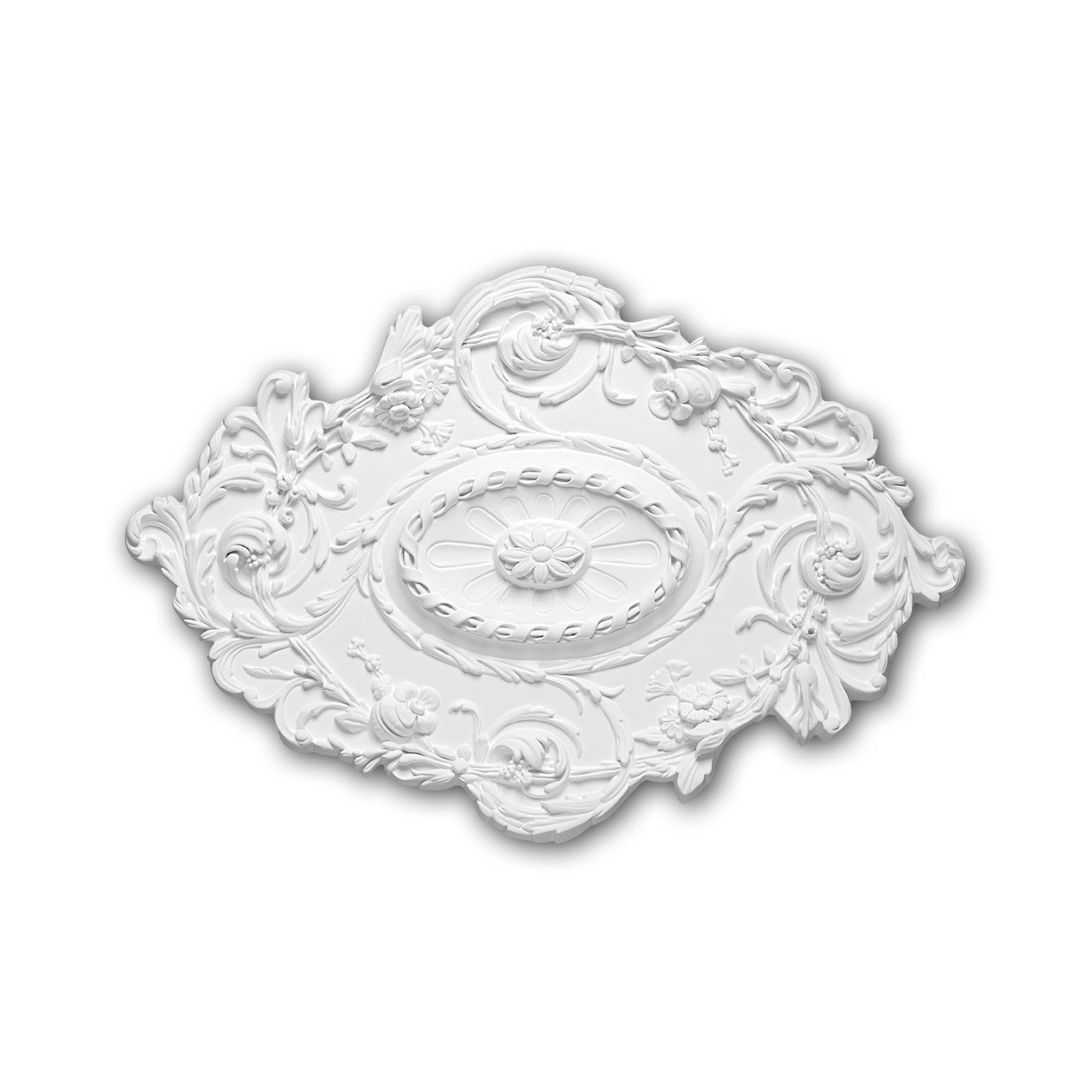 Profhome Decken-Rosette 156029 Rosette aus Polyurethan Deckenrosette Medaillon 76,7 x 53,2 cm (Rosette, 1 St., Deckenrosette, Medallion, Stuckrosette, Deckenelement, Zierelement), weiß, vorgrundiert, Stil: Rokoko / Barock