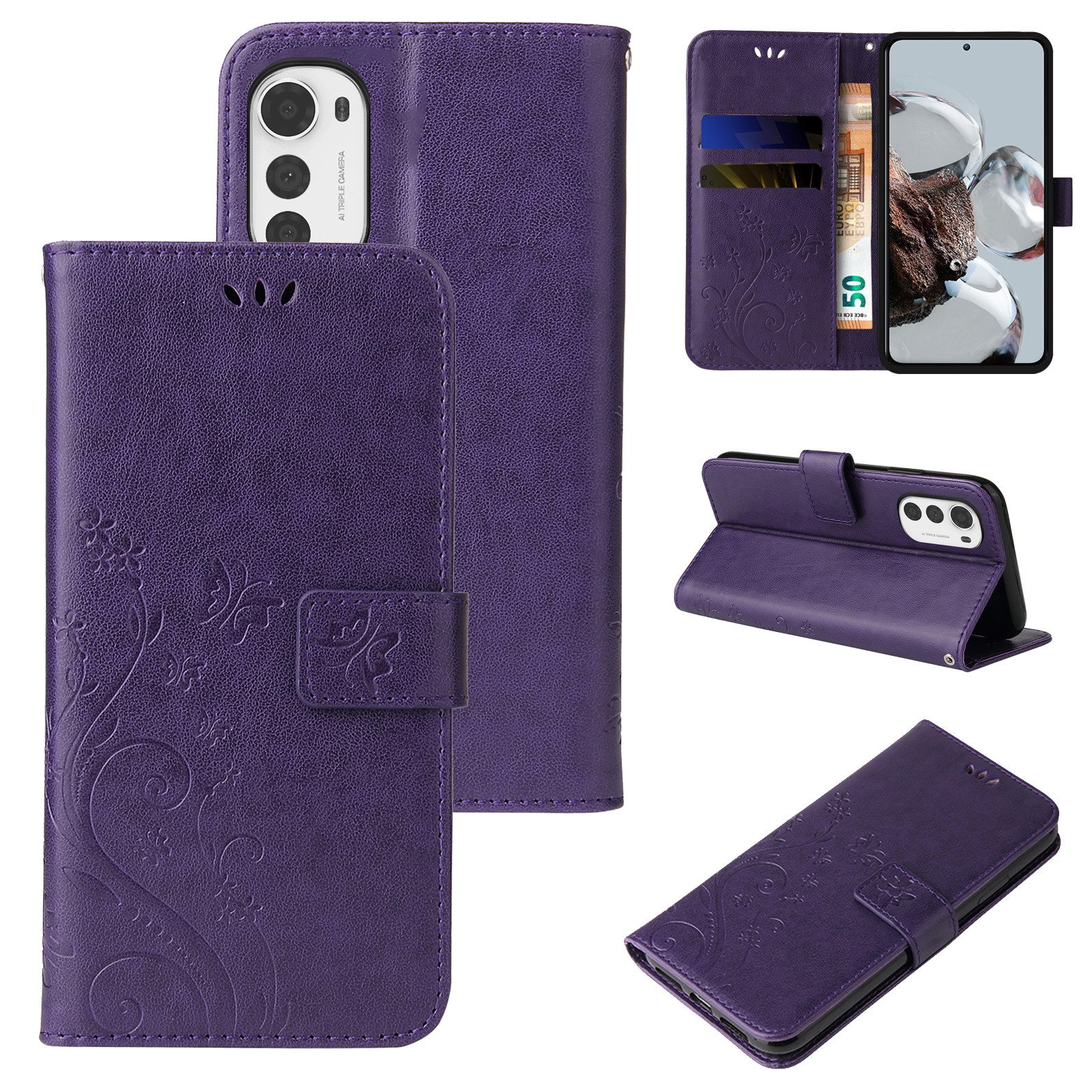 Tec-Expert Handyhülle Cover Tasche Hülle für Motorola E32, E32s, G22 6,5 Zoll, Klapphülle Case mit Kartenfach Fliphülle aufstellbar, Motiv Blumen