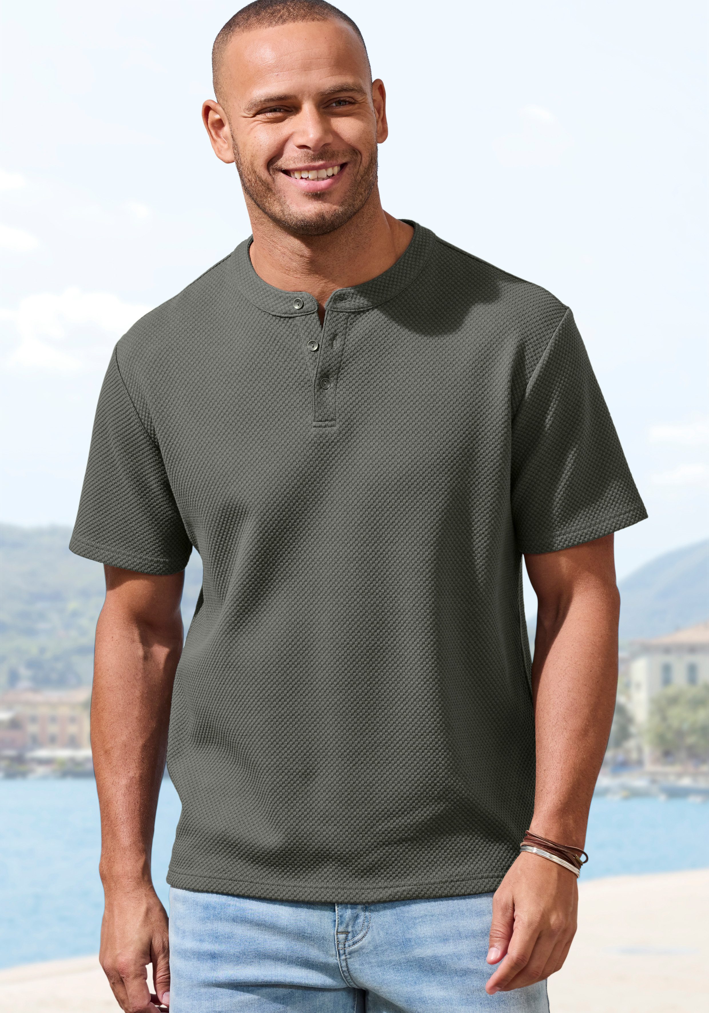 John Devin T-Shirt Kurzarm-Poloshirt aus Struktur-Qualität mit modischem Stehkragen und Knopfleiste