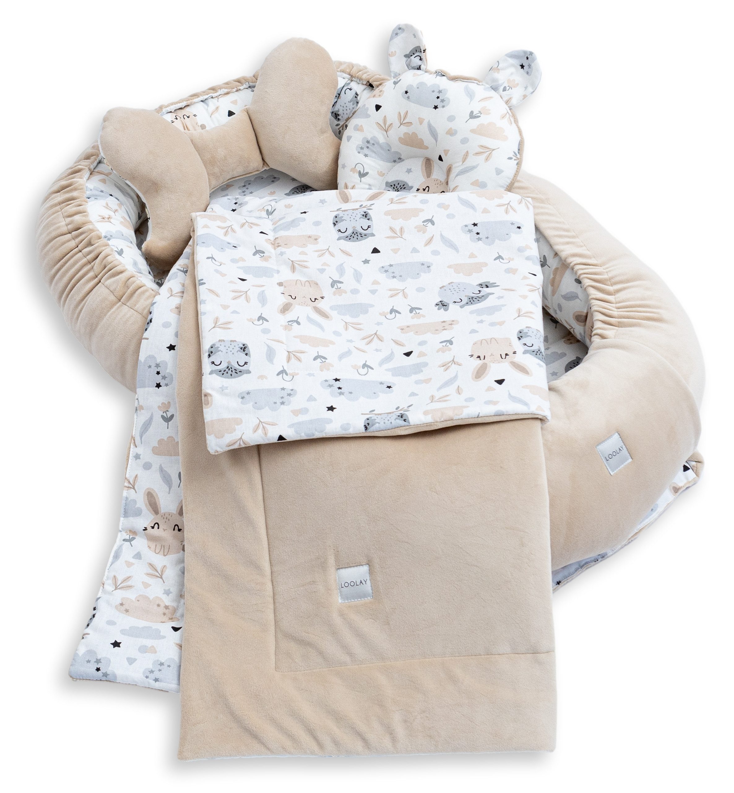 Loolay Kuschelnest BABYNEST 5 TLG. Set PREMIUM Babyausstattung Baumwolle & Samt Velours, (MUSTER: BEIGE Samt Velour/ HASE EULE, 5-tlg., Liebevoll handgefertigt Nestchen! Geborgenheit Komfort für Neugeborene), Premium Ausstattung - 100% Europäische Stoffe