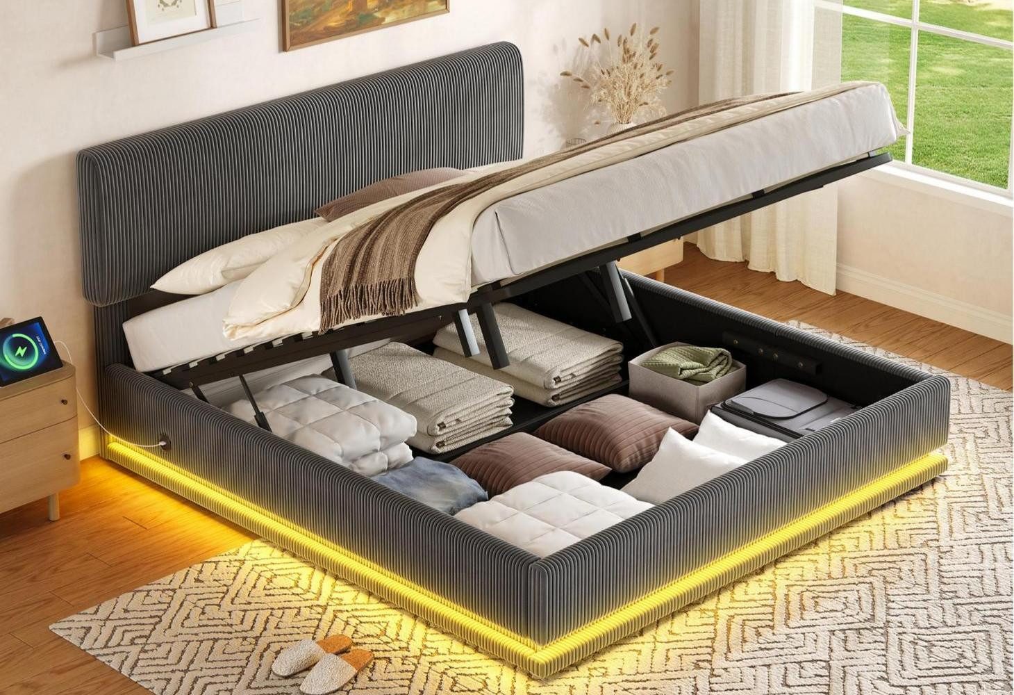 LVHOM Boxbett 90/140/160/180x200cm Nadelstreifen Bettgestell mit Bettkasten (mit LED-Leuchten in 12 Farben, Seitlicher USB-Ladeanschluss, Integriertes Hydrauliksystem, Weicher, hautfreundlicher Samtstoff, Platzsparend, Polsterbett/Doppelbett/Stauraumbett/Boxbett, Fühlbar angenehm, Ideal für Schlafzimmer und Wohnungen, Moderner, tiefer Raum-Effekt)