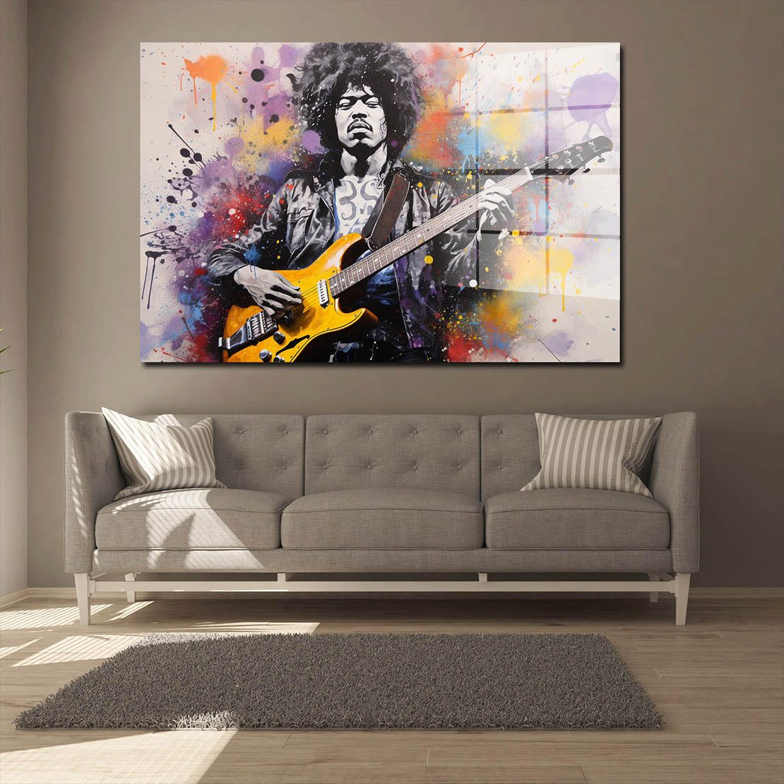 Artedinoi Acrylglasbild Rockgitarrist Acrylglasbild Wandbild Street Art Musik Gitarre Bunt XXL, Gitarrist mit E-Gitarre und Farbspritzern