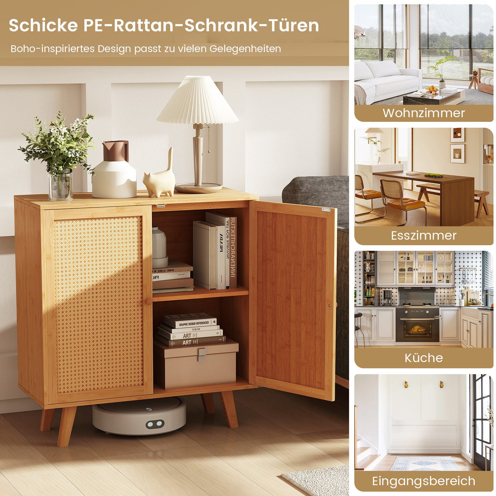 COSTWAY Küchenbuffet Sideboard Küchenschrank mit 2 Rattantüren, Bambus
