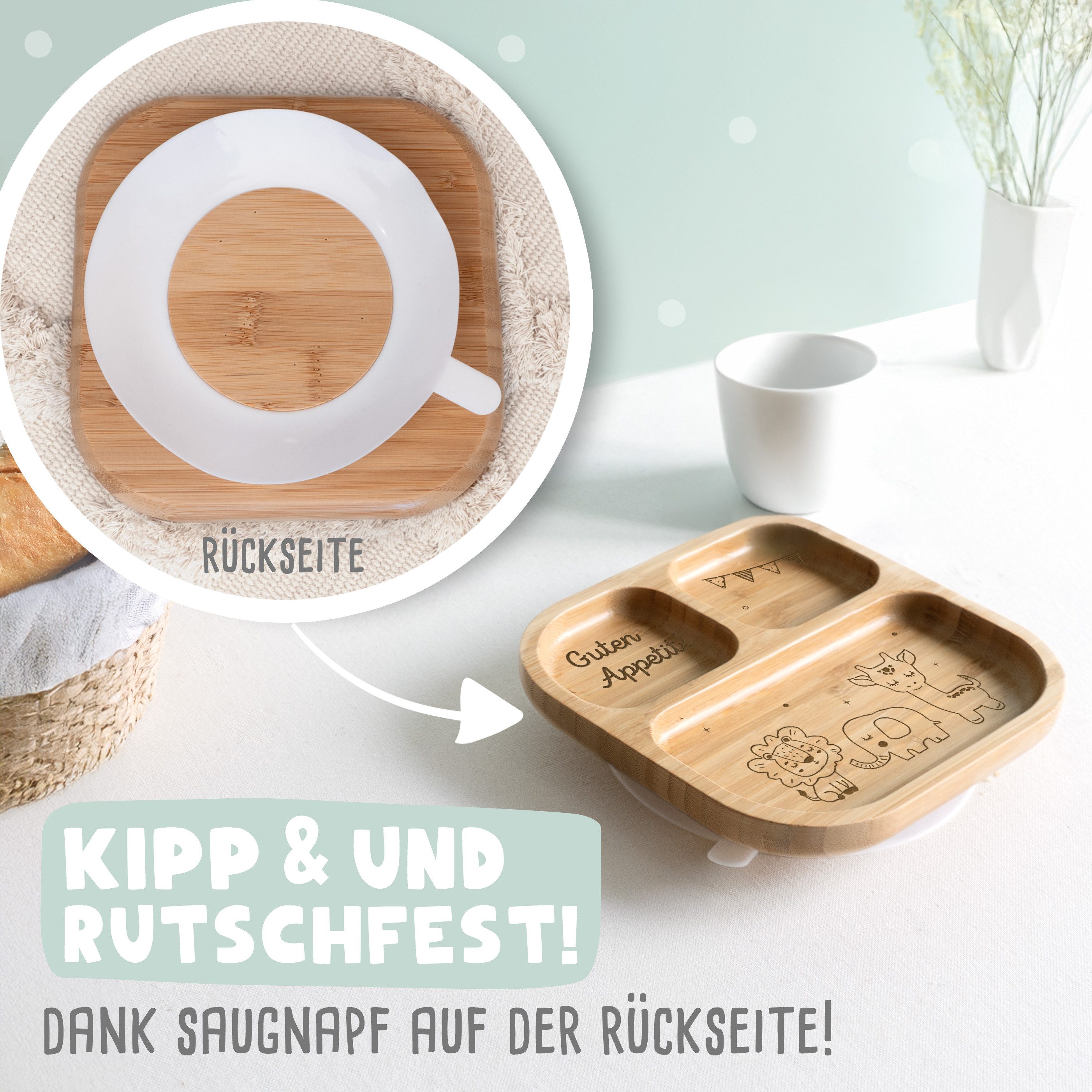 hellomini Kindergeschirr-Set Babyteller "Safari" Bambus Nur Teller (1-tlg), 1 Personen, Bambus, Silikon, BPA-frei, mit Motiv, rutschfest,Saugnapf, Montessori-Fächer