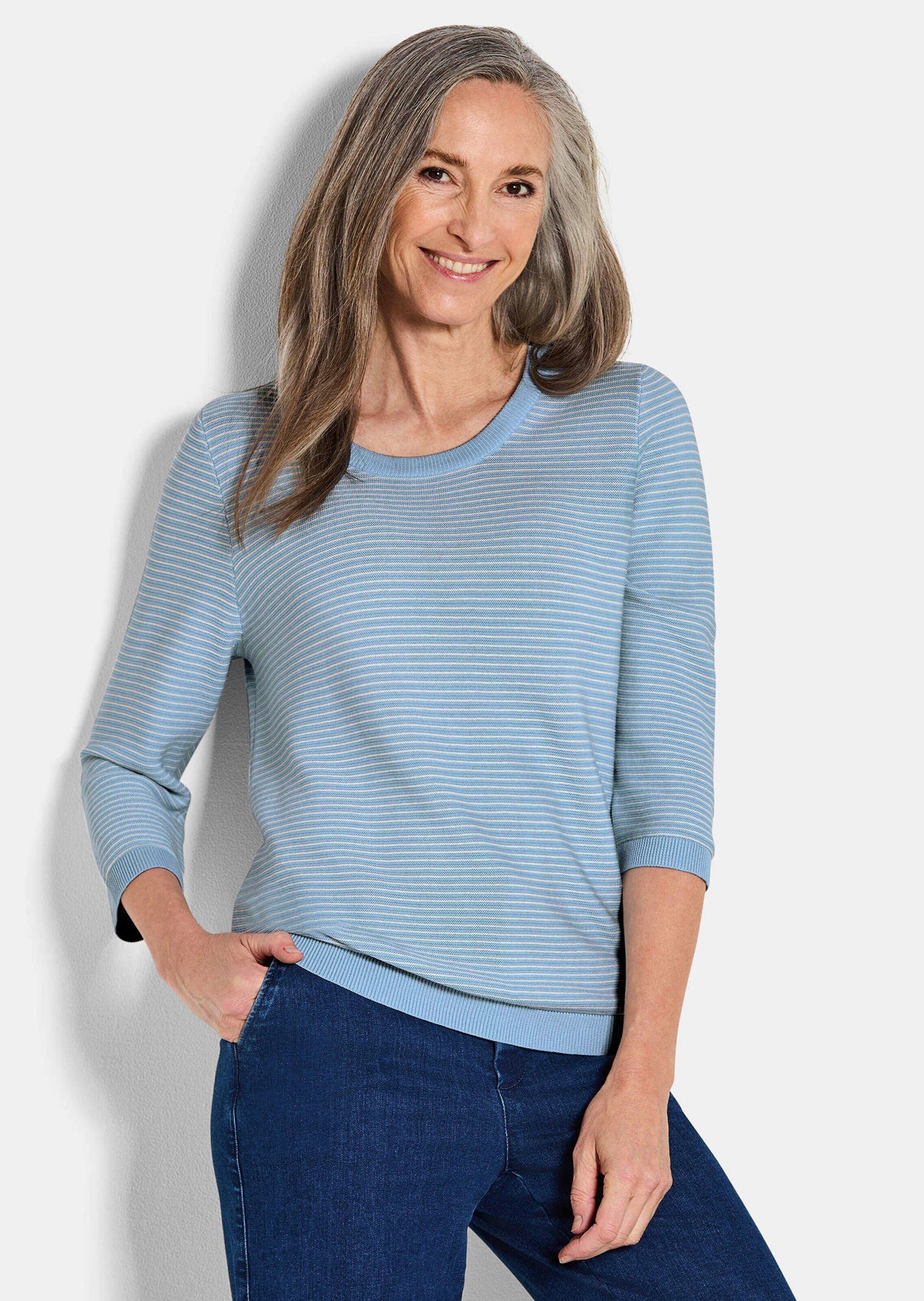 GOLDNER В'язані светри Halbarm Ringelpullover aus Baumwolle Zweifarbiger Ringelstrick mit 3D-Optik, Rundhals