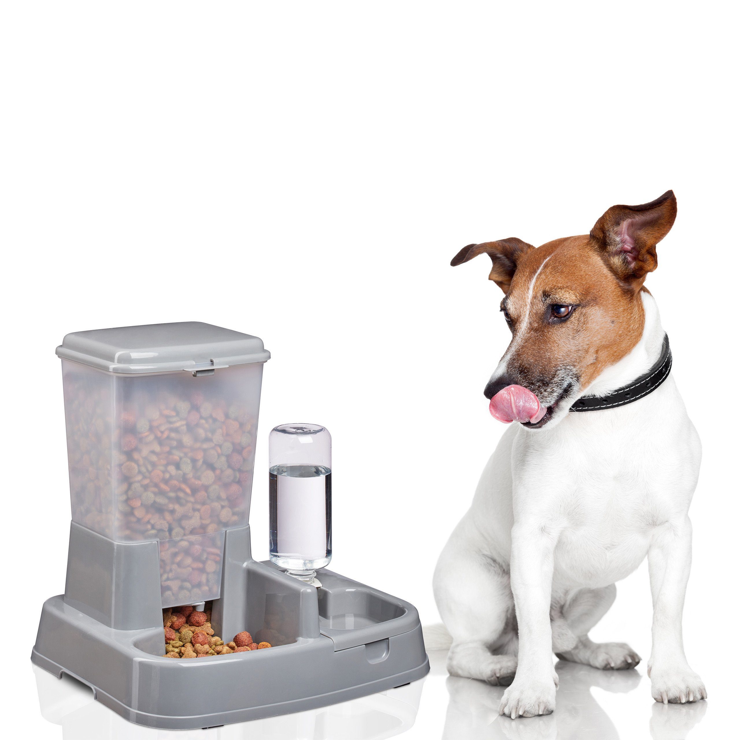 relaxdays Futterautomat Wasser- und Futterspender, Dunkelgrau