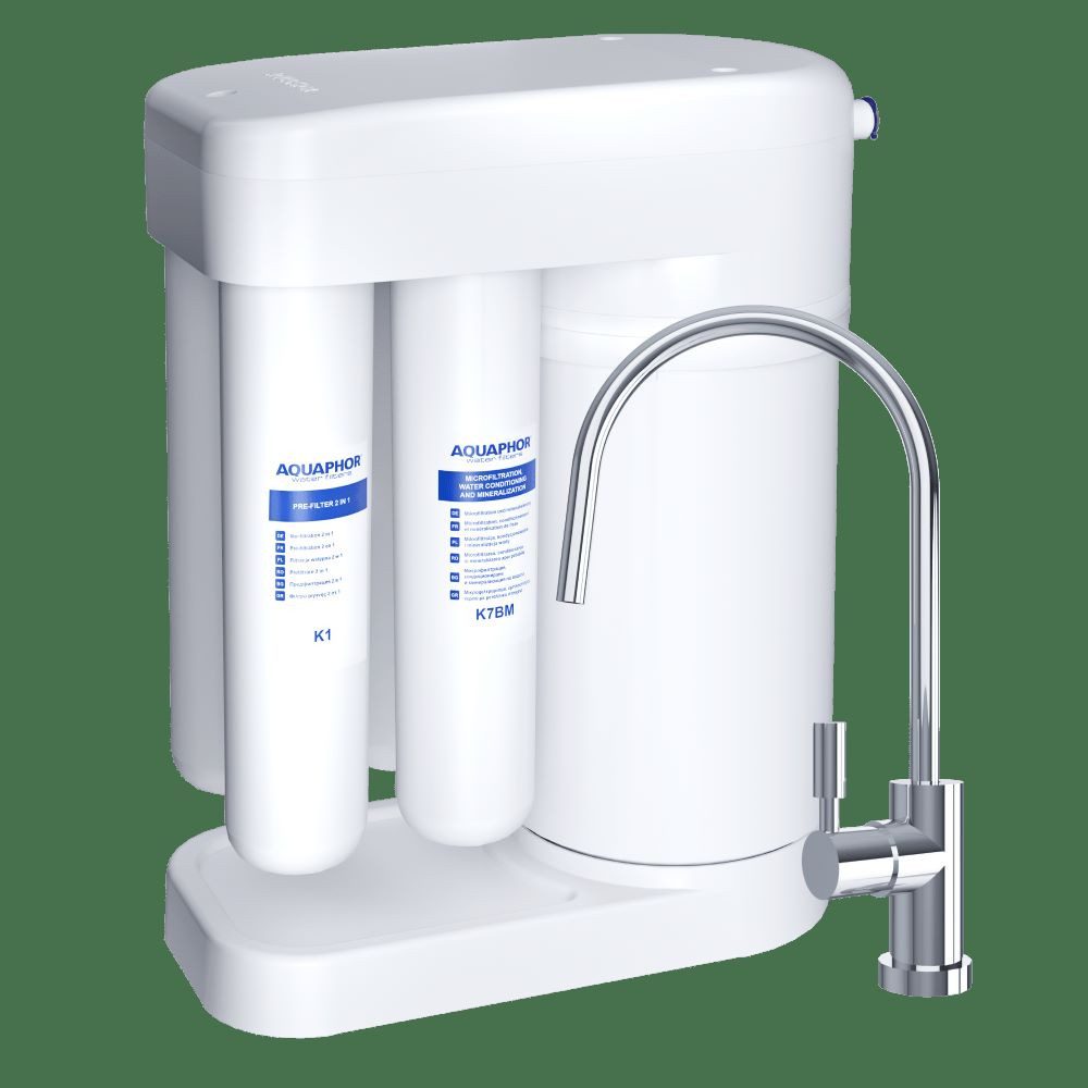 AQUAPHOR Untertisch-Trinkwassersystem Umkehrosmose DWM 101S mit Remineralisierung und Keimsperre, Wasserdruck: 1,9-6,3 Bar-Anschluss, für Wassertemperatur: 5-38° C, 371 × 420 × 190 mm (Длина × Höhe × Breite), Komplett-Set, inkl. Wasserhahn, BPA frei. Entfernt Kalk, Schwermetalle, Medikamente, Viren
