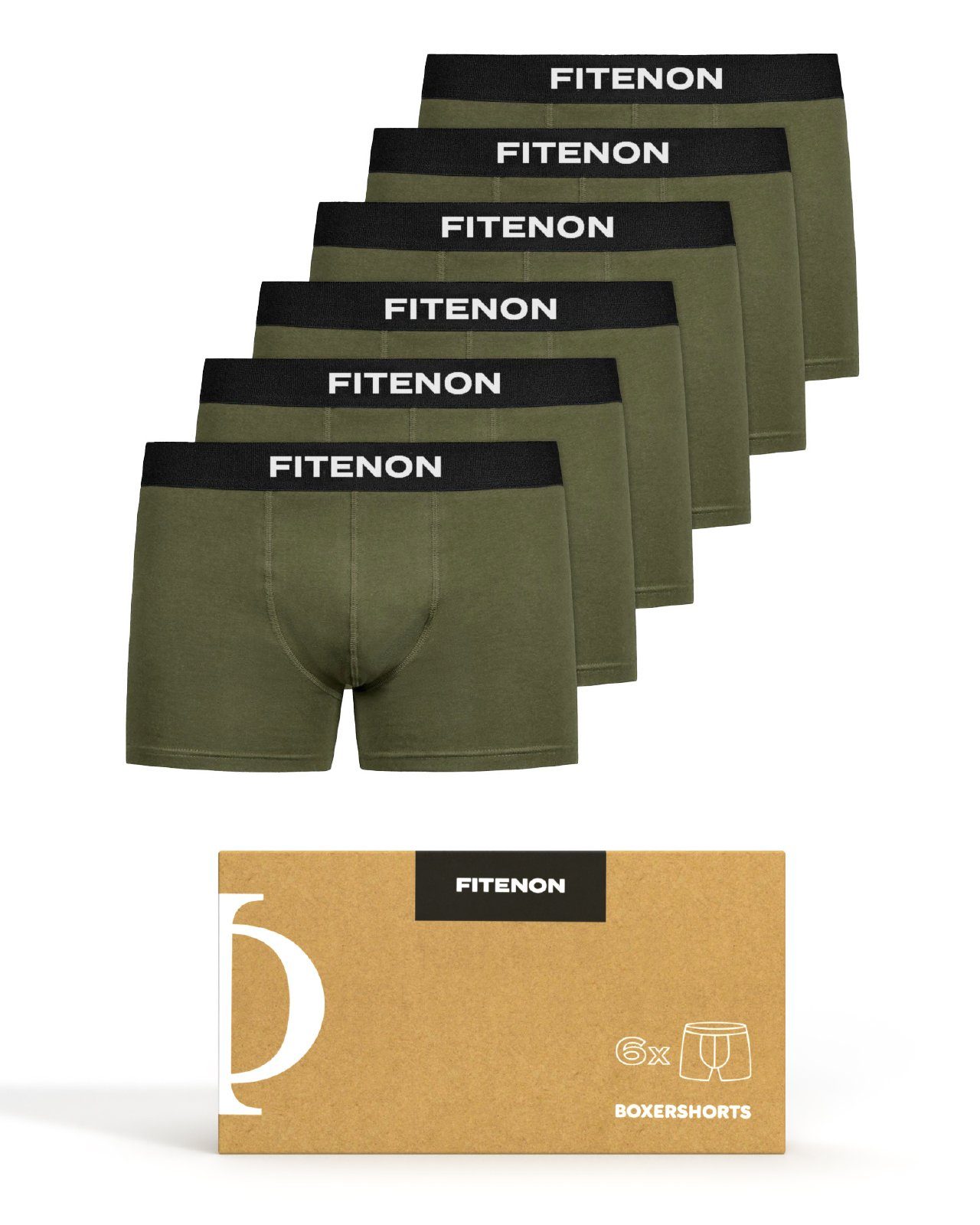 FITENON Boxershorts Herren Baumwolle Unterwäsche, Set) Zettel, Unterhosen, er kratzenden 6x (6 Olive Logo-Elastikbund mit ohne