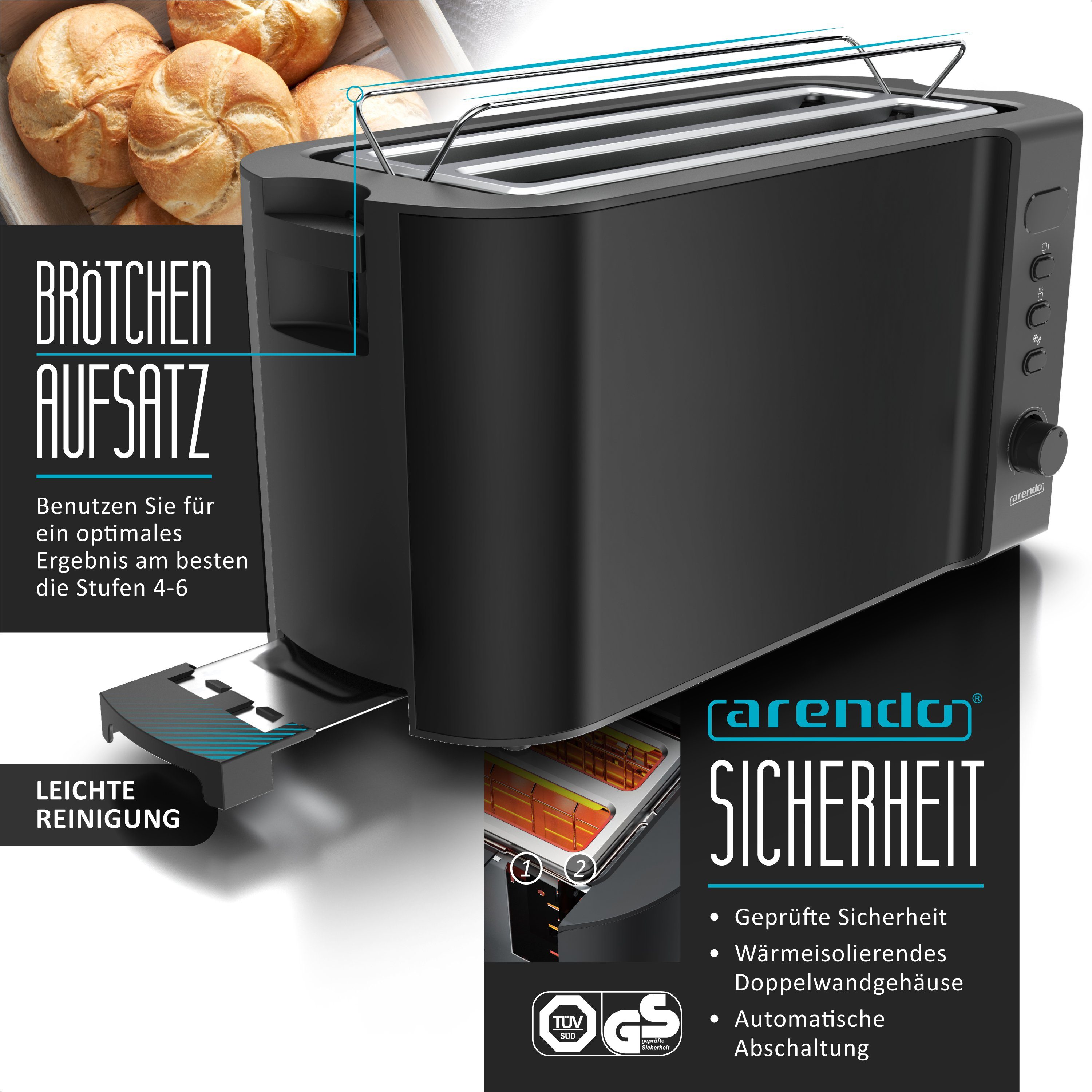 Arendo Frühstücks-Set 4-Scheiben Langschlitz Toaster, 6er Eierkocher, Schwarz (2-tlg), Edelstahl, BPA-frei, GS-geprüfte Sicherheit, fürs Familienfrühstück – Bild 2 von 5