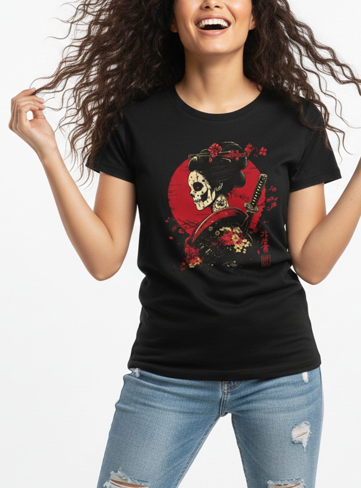 MAKAYA Print-Shirt Damen Japan Anime Top Skull Totenkopf Motiv Manga Tokio Mädchen (Schwarz, S, M, L, XL) Kurzarmshirt
