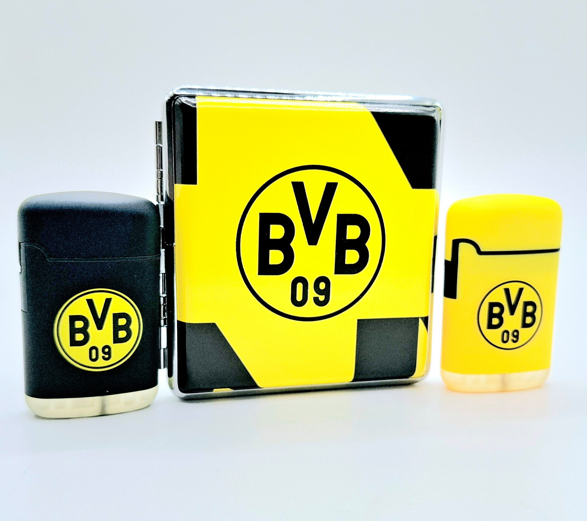 BVB Bogenetui Aufbewahrungsetui + Easy Torch Jet Sturmfeuerzeug gelb schwarz im Set, Offizielles Lizenzprodukt für BVB Fans