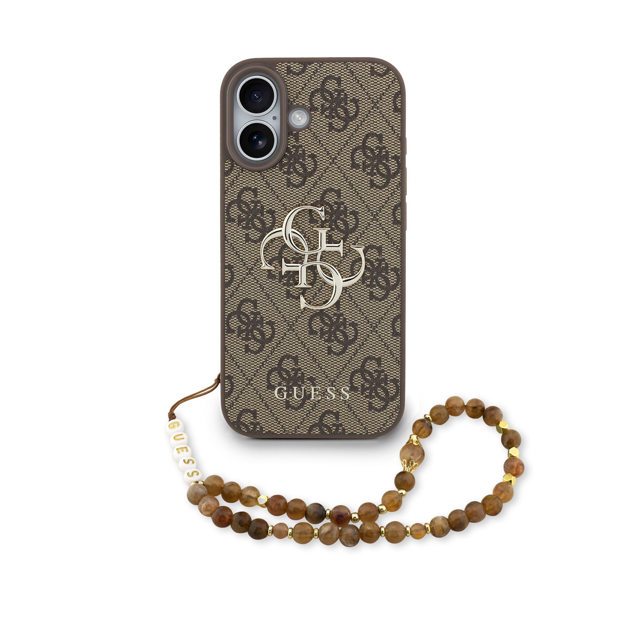 Guess Handyhülle Case iPhone 17 Kunstleder braun Big Logo goldfarbig Kette 6,3 Zoll, Kantenschutz