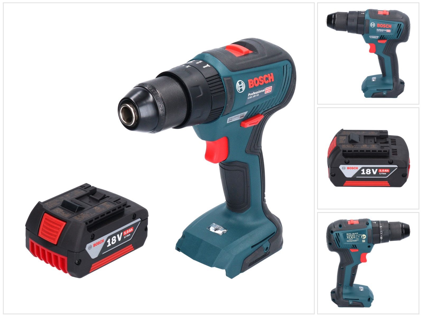 Bosch Professional Akku-Schlagbohrschrauber GSB 18V-55 Professional 18 V 55 Nm Brushless + 1x Akku 5,0 Ah