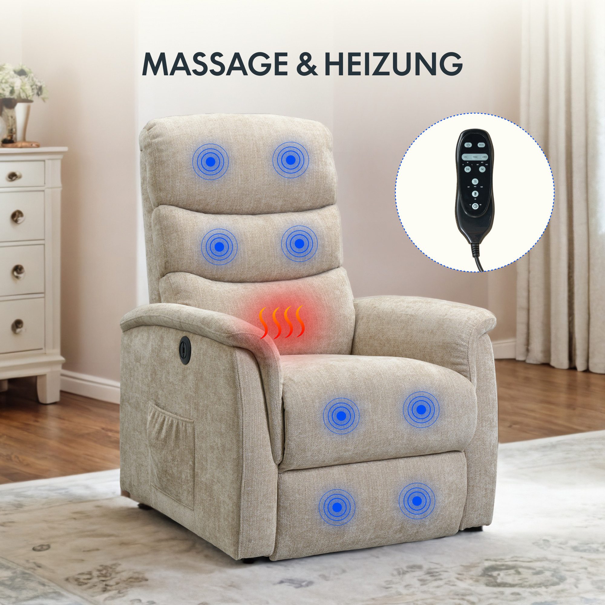 FLEXISPOT Sessel Multifunktionaler Elektrischer Relaxsessel Mit Aufstehhilfe (mit Sitzheizung-, Massage- und Liegefunktion, USB-Ladeanschluss und zusätzlicher Stauraum), 110° - 140° verstellbar
