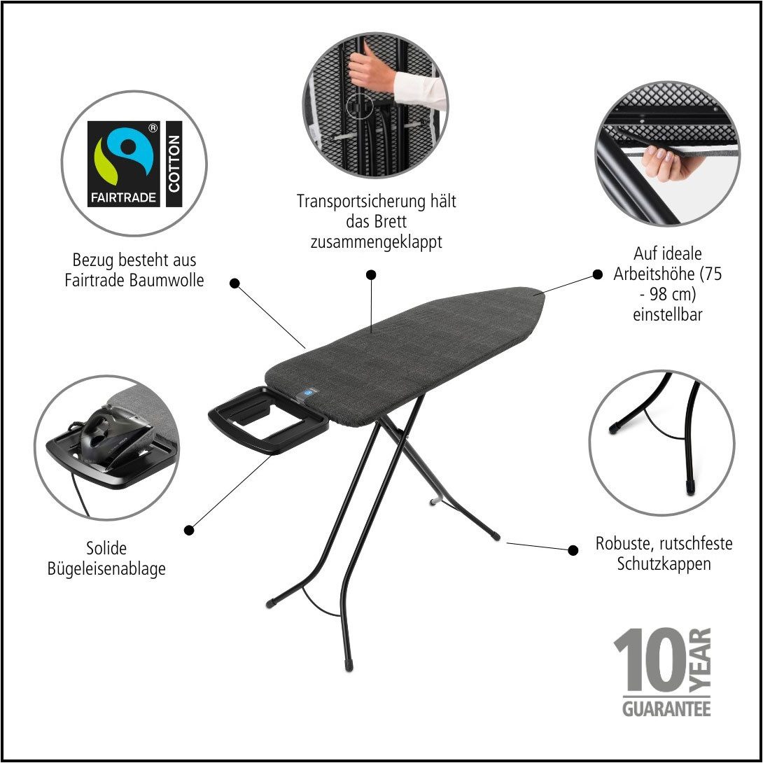 Brabantia Bügelbrett Bügeltisch C, 124 x 45 cm, Dst-Mulde Solide, Bügelfläche 124x45 cm, Fairtrade-zertifiziert