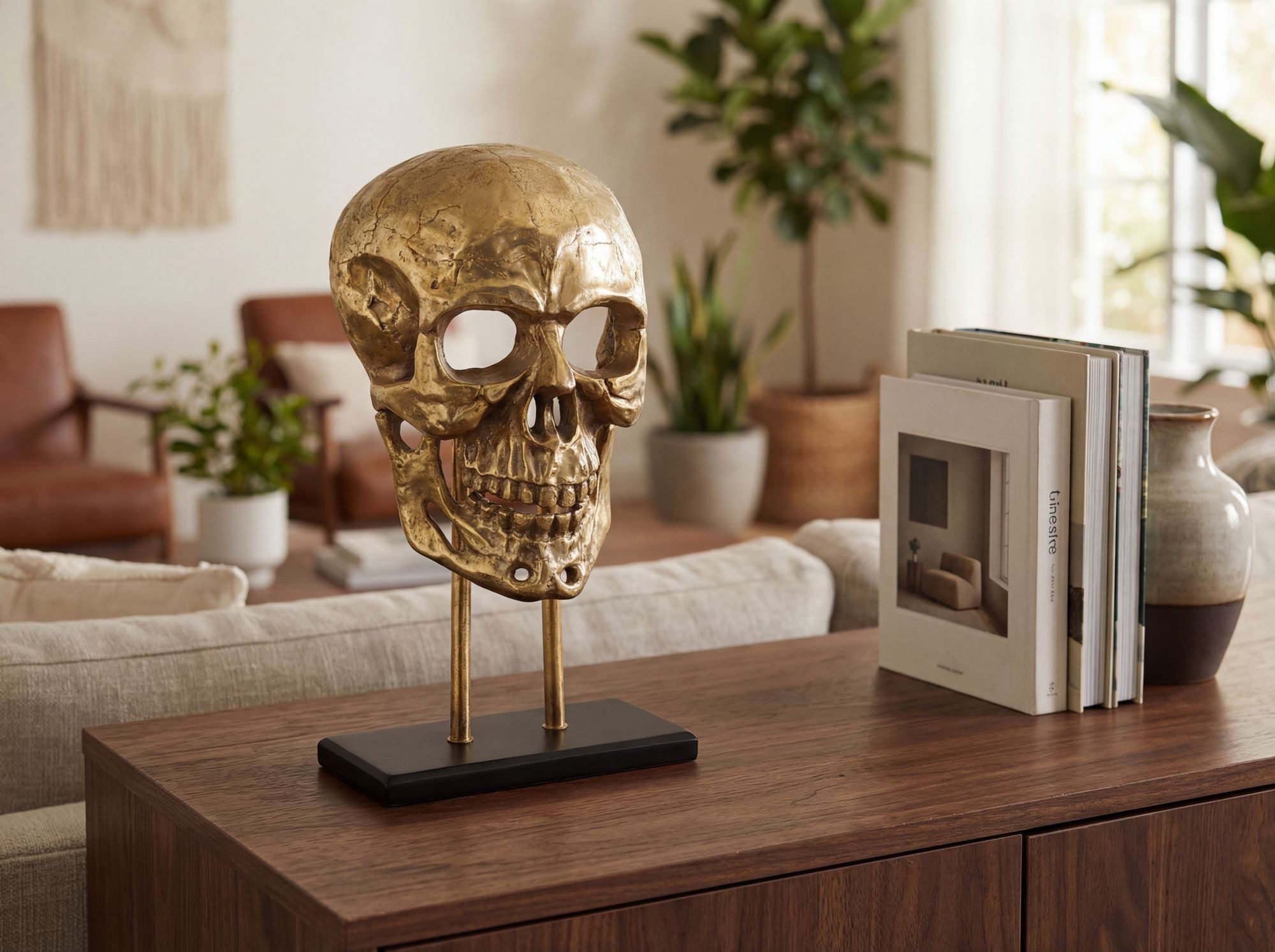 Wohnling Dekofigur WL7.705 Deko Totenkopf 57cm Aluminium Gold Schädel Dekoration Skull (Stabiler schwarzer Sockel für festen Stand), Komplett montiertes und fertiges Accessoire