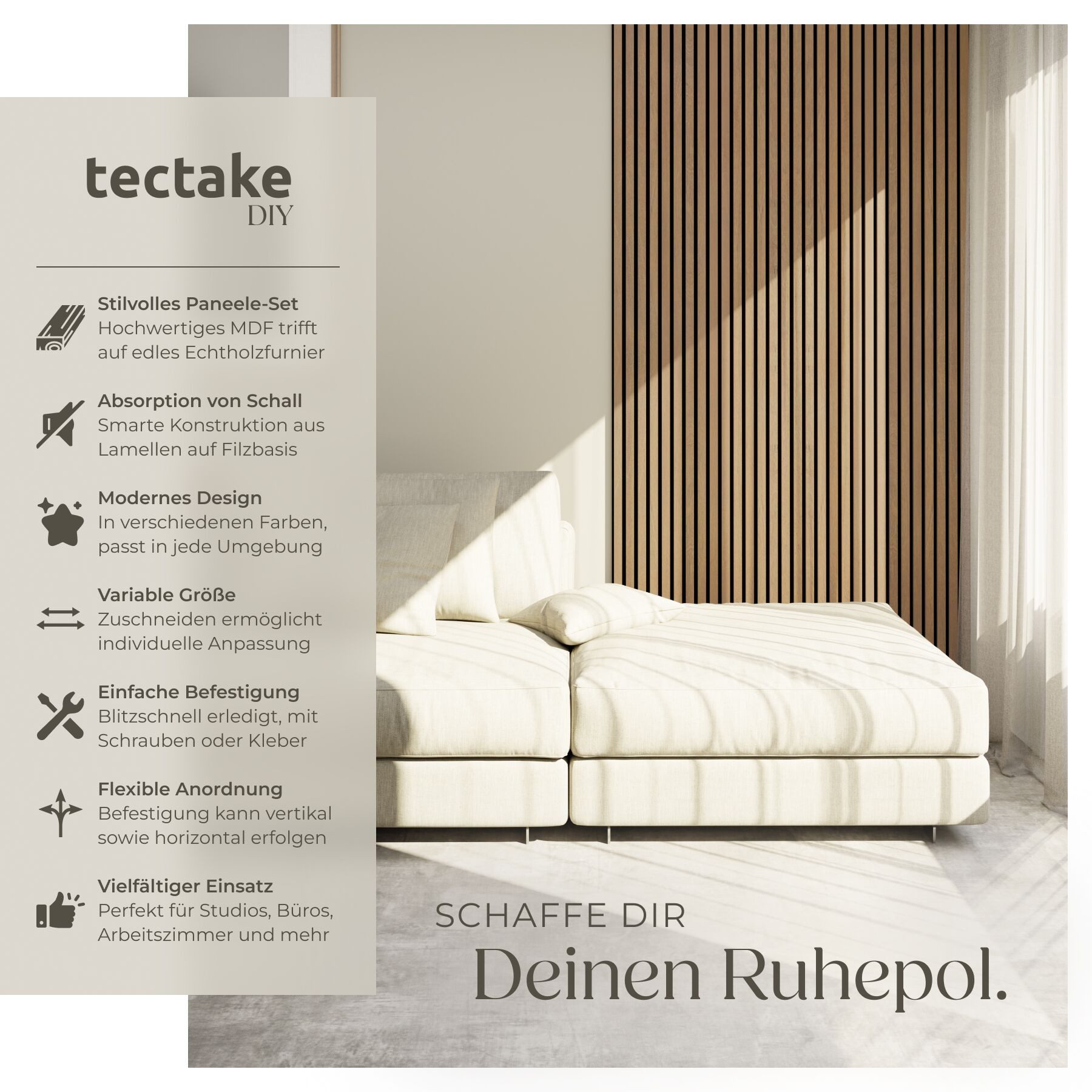 tectake Wandpaneel Akustikpaneele aus MDF und Echtholzfurnier - Eiche, BxL: 60x120 cm, (Holzpaneele Sonic Wall, 2-tlg., Größe flexibel anpassbar) schallabsorbierender Filz, einfache Montage mit Kleber oder Schrauben