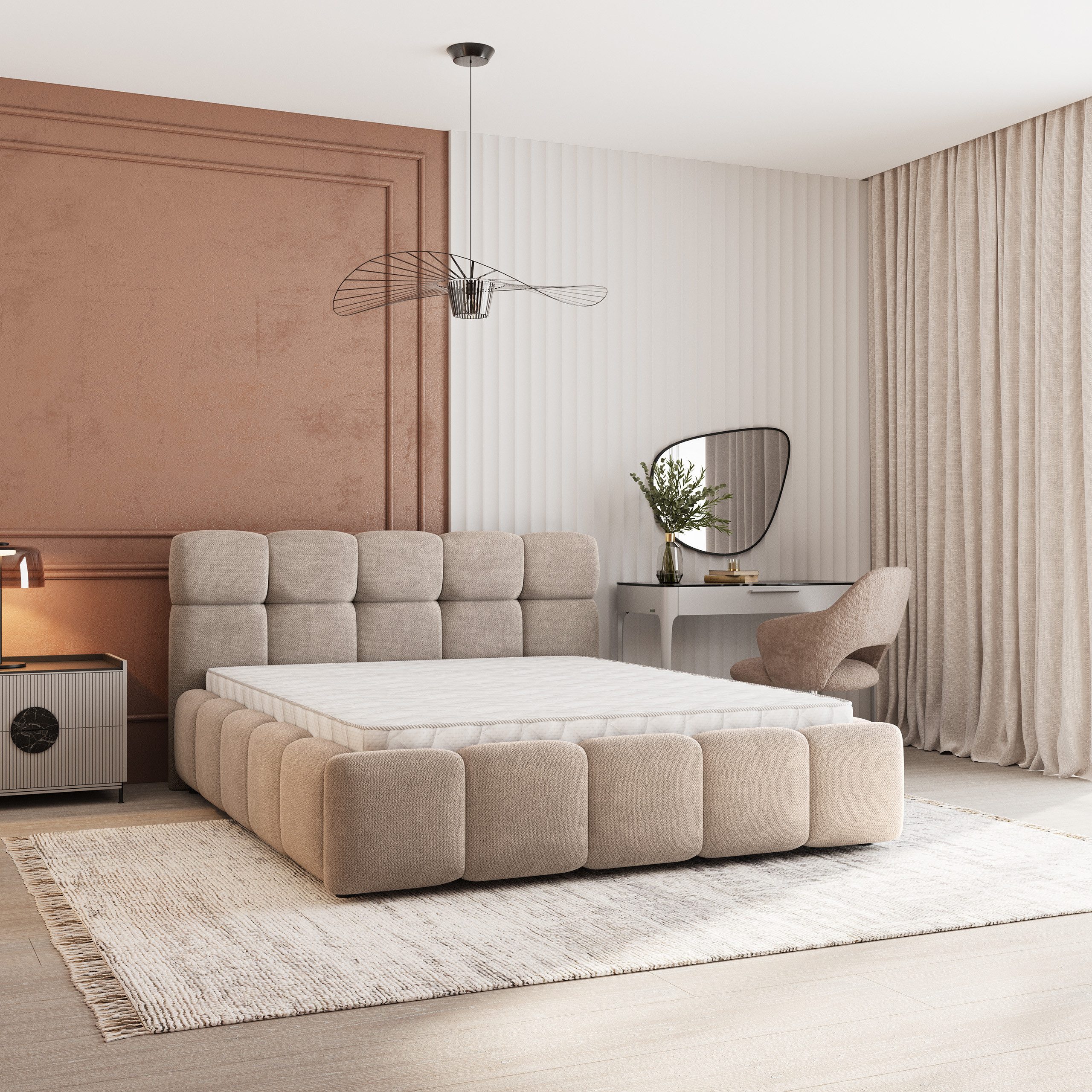 Masseno Polsterbett FARU 140x200 cm beige (mit Bettkasten und Lattenrost)