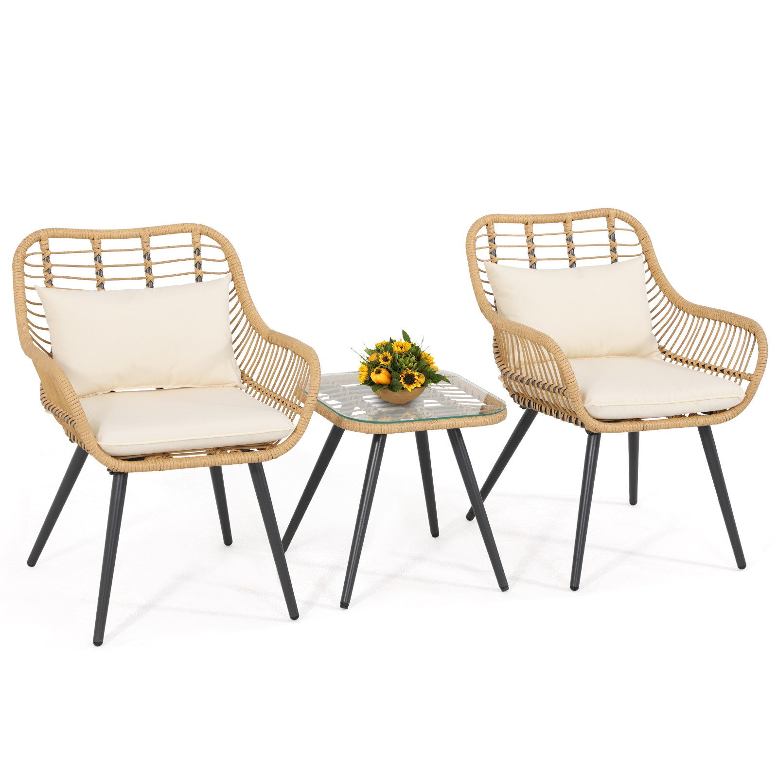 JOIVI Balkonset Bistro-Set, Gartenmöbel-Set, Balkonmöbel-Set für 2 Personen, (aus handgewebten Rattan, Beistelltisch mit Glastischplatte), für 2 Personen, Korbsessel für Balkon, Garten, Terrassen, Beige