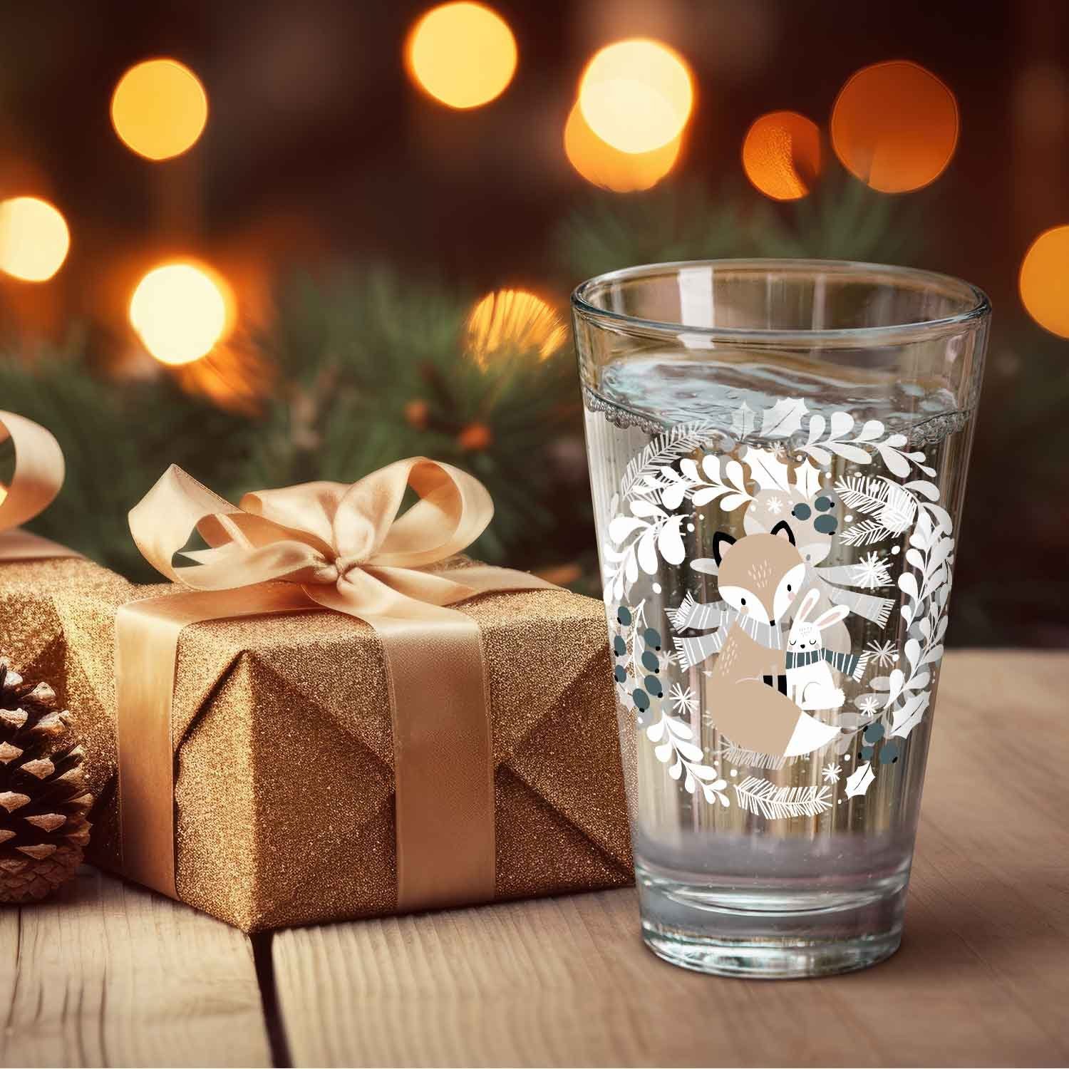 Winterfuchs Zur Wichteln Glas als Geschenk UV für Glas, mit Weihnachtsdeko, GRAVURZEILE und Kinder - zum Druck Weihnachtszeit -