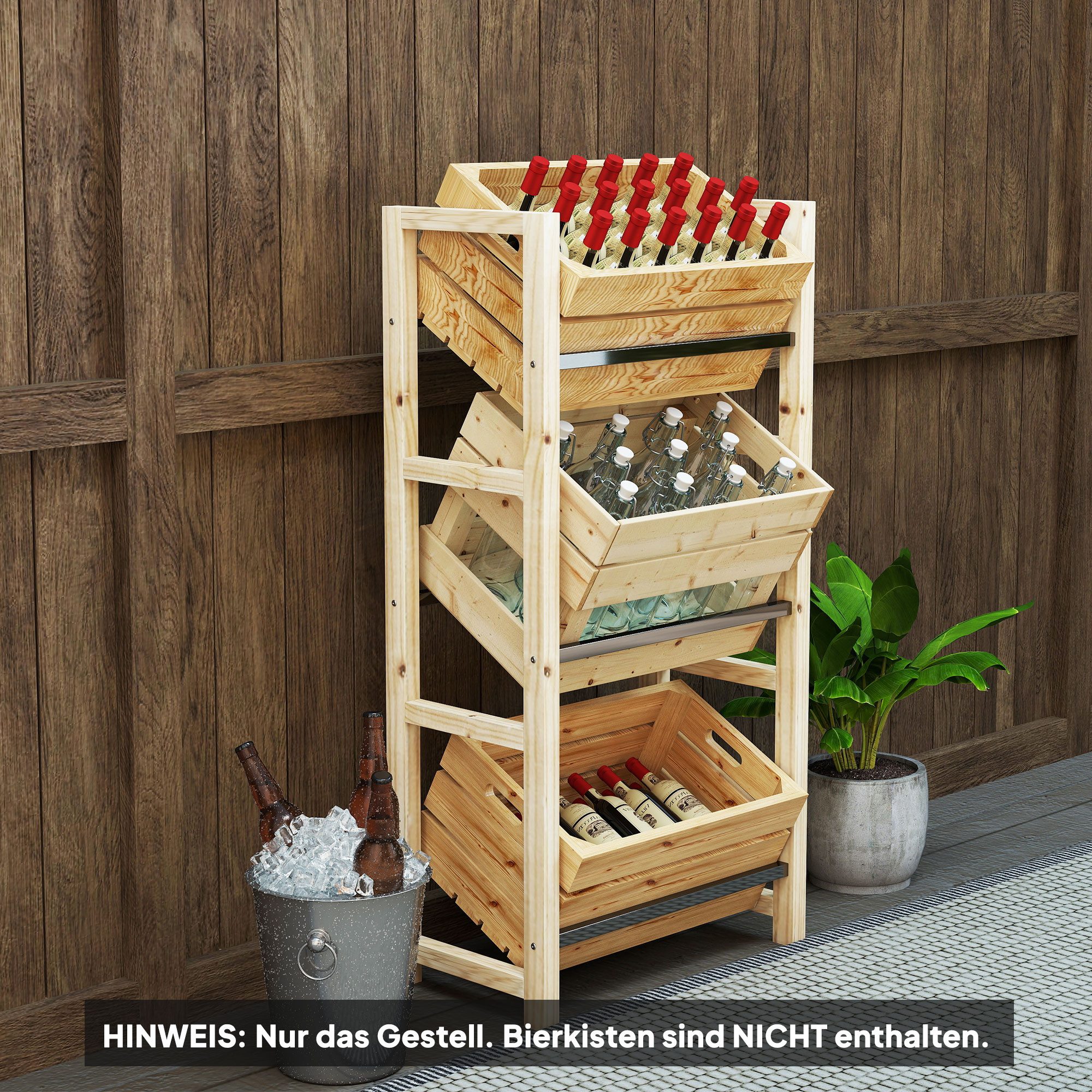 Outsunny Weinregal für 3 Getränkekisten, mit 3 Ebenen, freistehend, belast 150kg, Getränkekistenregal Holz 1-tlg., für Bier, Wasser, 56 x 32 x 112 cm, Naturholz