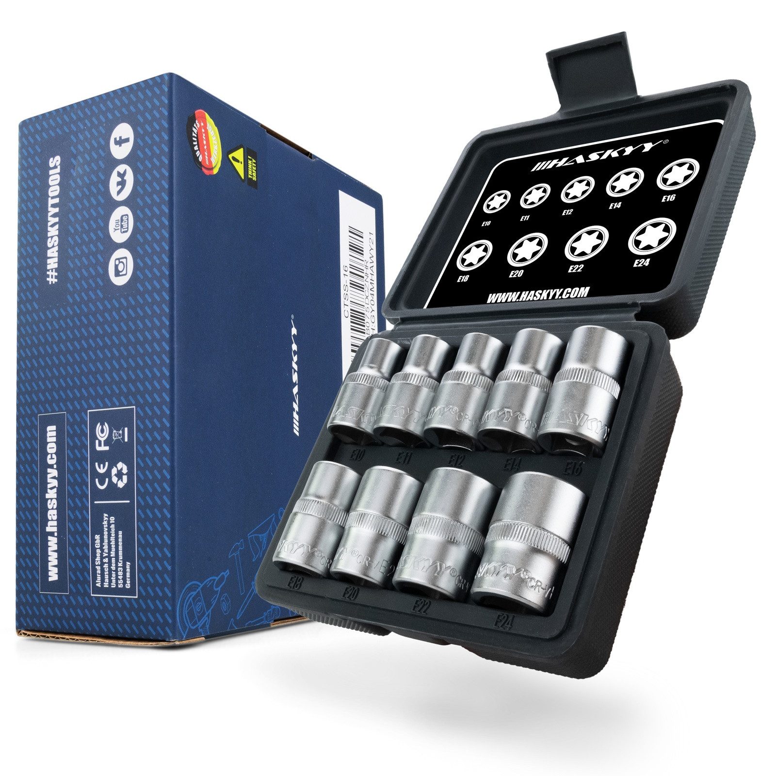 HASKYY Stecknüsse Torx Steckschlüssel Satz 9tlg E10-E24 Nüsse 1/2 Zoll Außentorx Nuss St