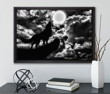 Pixxprint Leinwandbild Wolf im Mondschein, Wanddekoration (1 St), Leinwandbild fertig bespannt, in einem Schattenfugen-Bilderrahmen gefasst, inkl. Zackenaufhänger