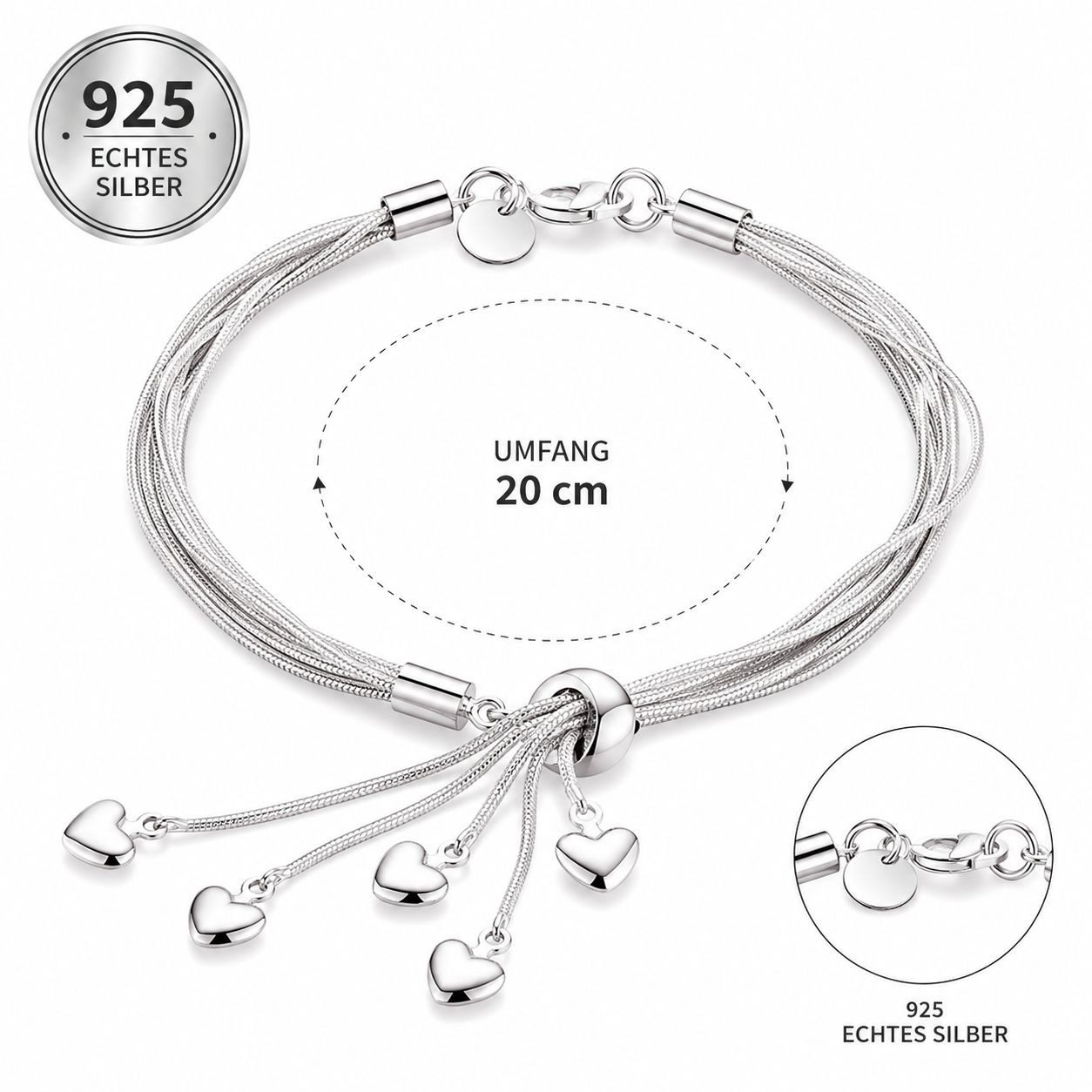 Taffstyle Silberarmband Damen Armband 925 Sterling Silber filigran mit 5 Herzen (Wunderschönes Filigranes Damen Armband Echt Silber mit kleinen Herzen)