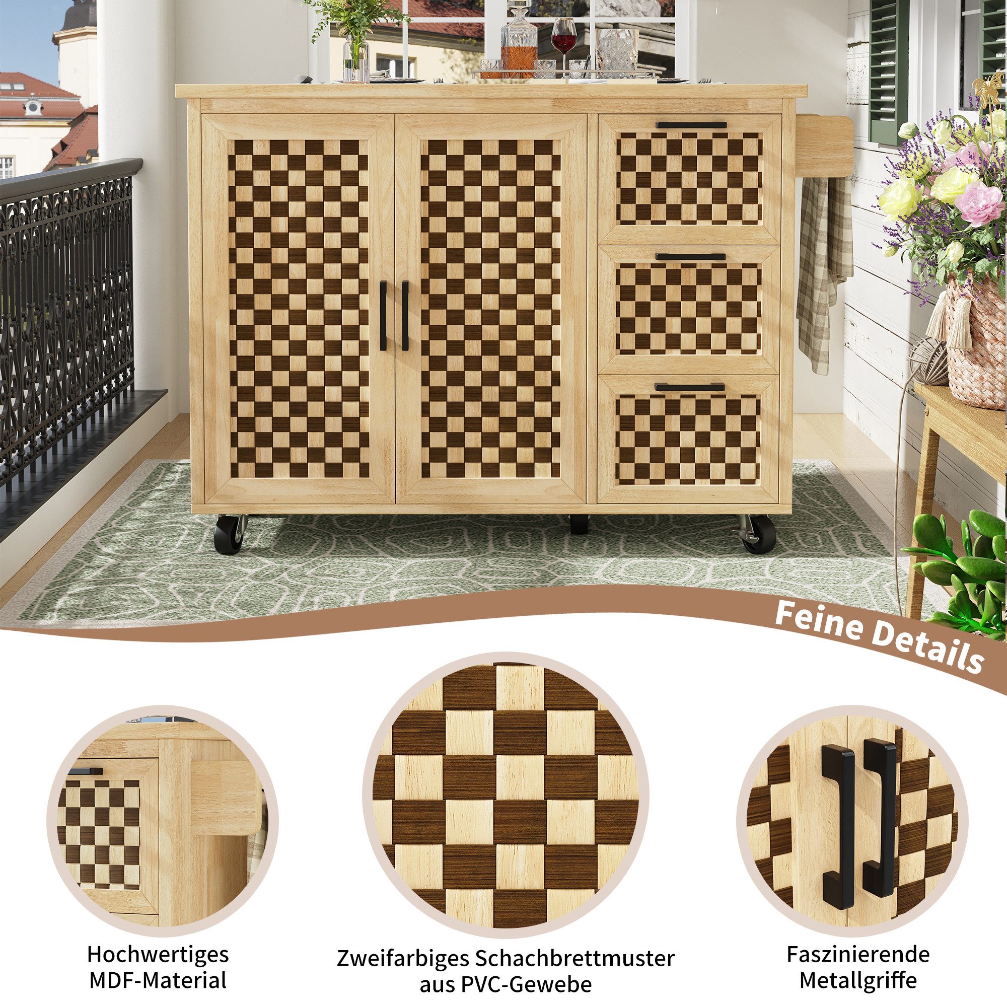 STILVORA Küchenwagen mit Türablage,ausziehbarer Küchenschrank Buffetschrank mit Schubladen, (Kücheninsel– Ausziehbarer Küchenwagen mit Rollen, Holzmaserung, 1 St., Aufgeklappt:120x75x92cm zusammengeklappt:120x45x92cm)