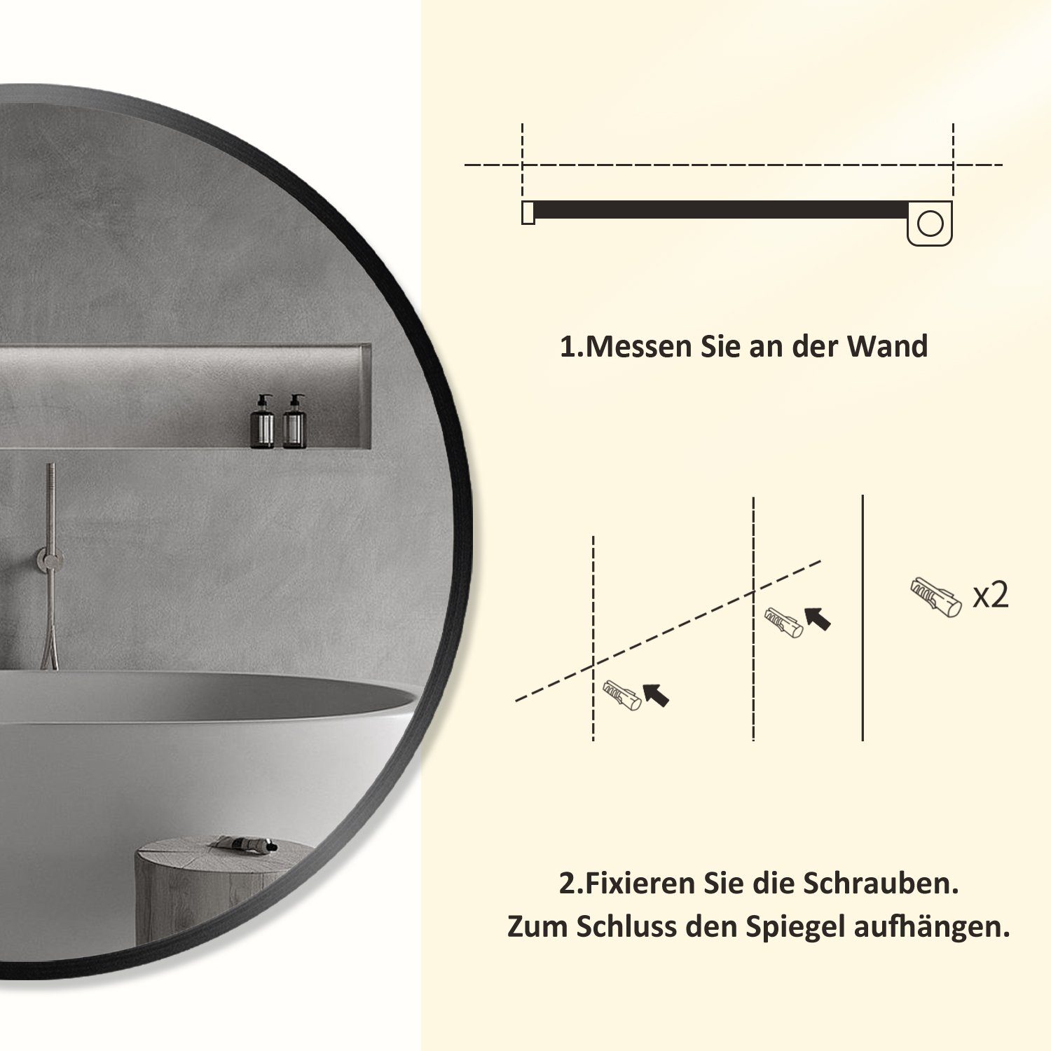 Spiegel Wandspiegel Boromal Flurspiegel, Rund Wand Badspiegel Badzimmer/Ankleidezimmer/Wohnzimmer,unbrechbarer Schwarz Metall Rahmen für Spiegel