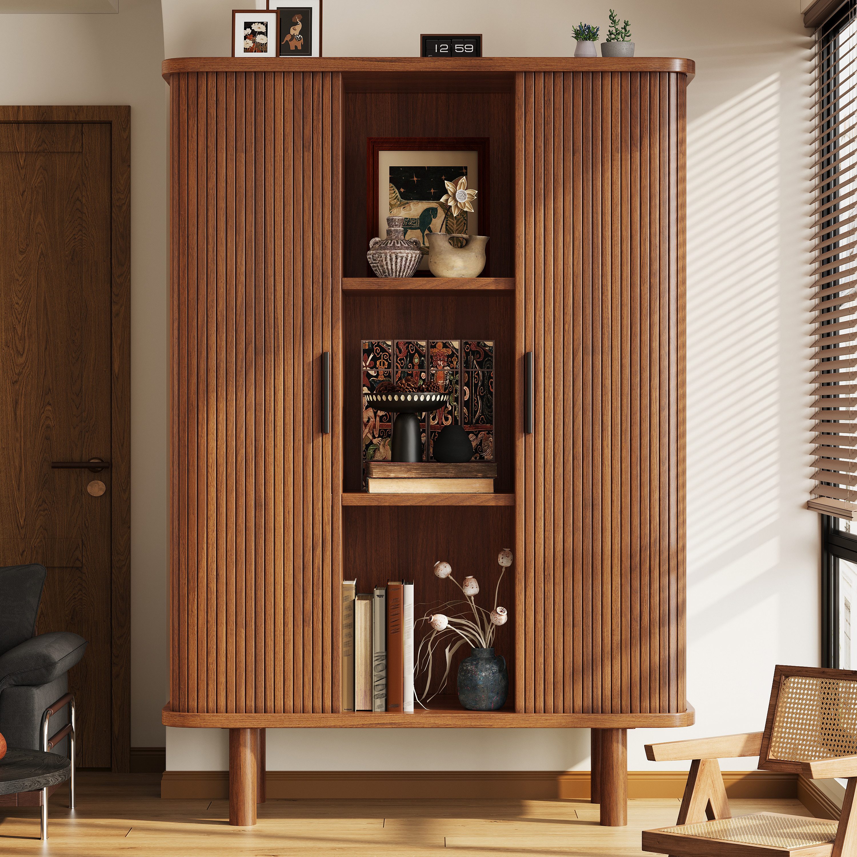 i@home Hochschrank mit Rollladentür Beistellschrank Aufbewahrungsschränke (Packung Set) mit geriffelter Front & abgerundeten Kanten Massivholzbeine