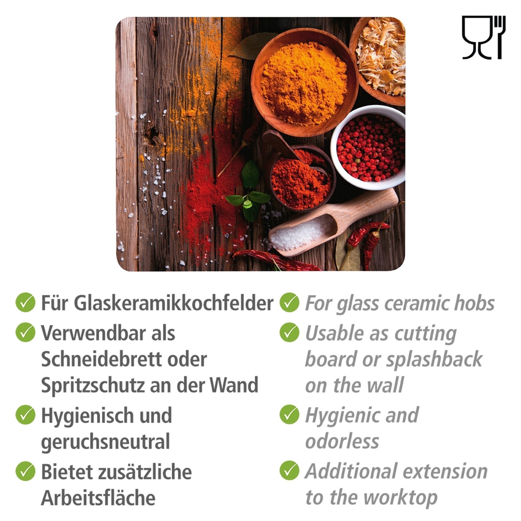 WENKO Herd-Abdeckplatte Modell Gewürze, Glas, Kunststoff, Herdabdeckung für Glaskeramik Kochfelder, Spritzschutz & Schneidebrett
