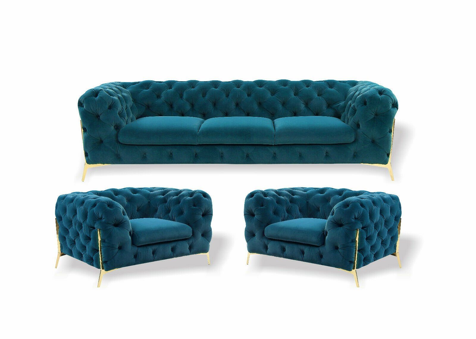 3+1+1 Sofa, Sofa-Set Chesterfield JVmoebel Hellblau luxus