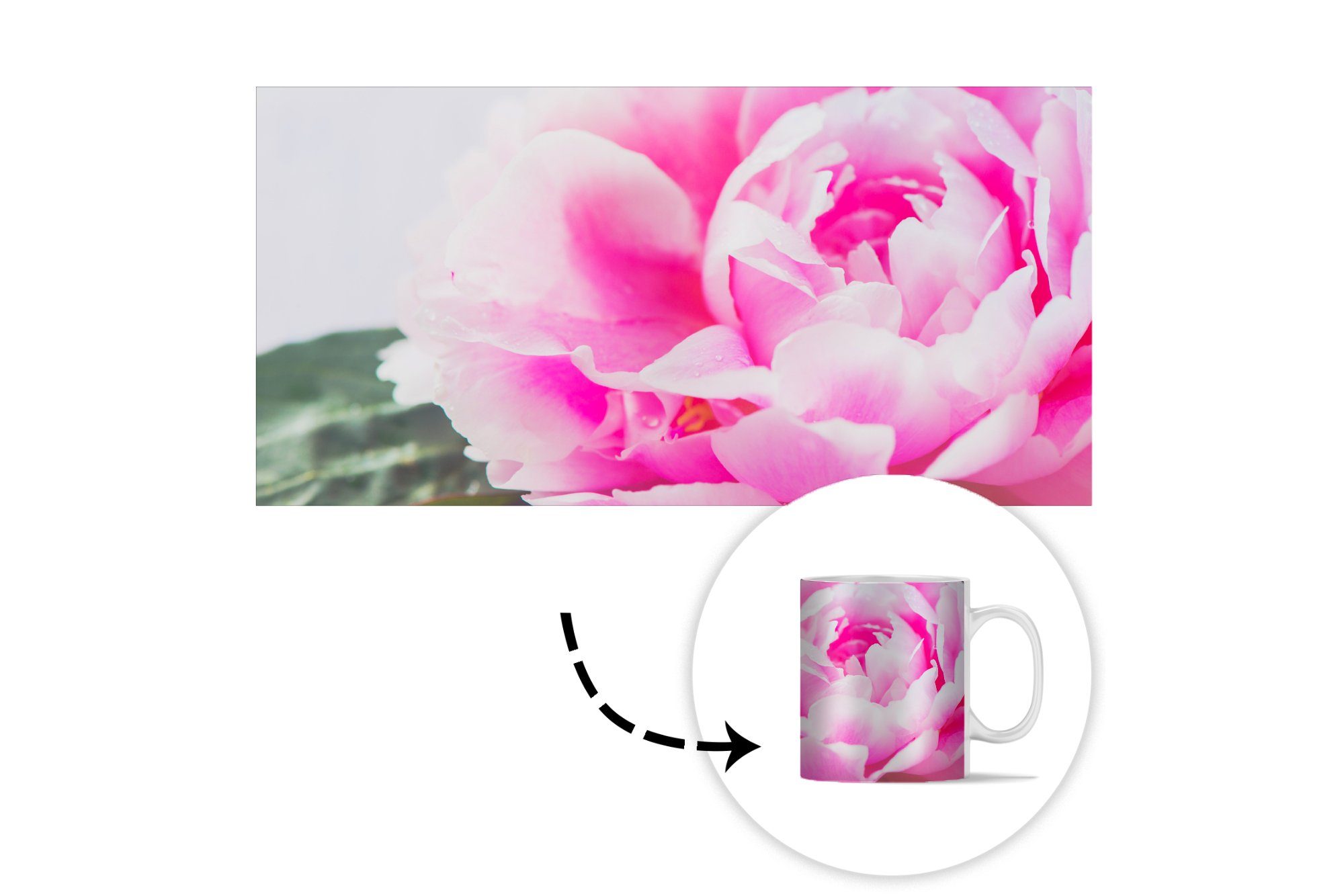 Tasse rosa Teetasse, Nahaufnahme Kaffeetassen, Teetasse, Becher, einer mit MuchoWow Blättern, Geschenk Keramik, Pfingstrose