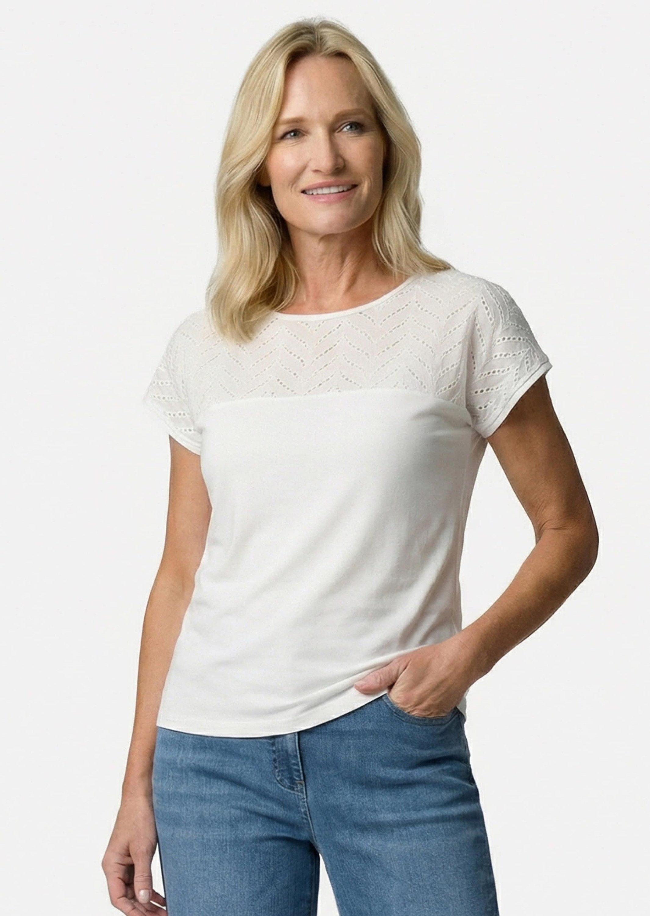 GOLDNER T-Shirt Spitzenshirt aus Jersey und Baumwolle Unifarbenes Modell mit elegantem U-Boot-Ausschnitt