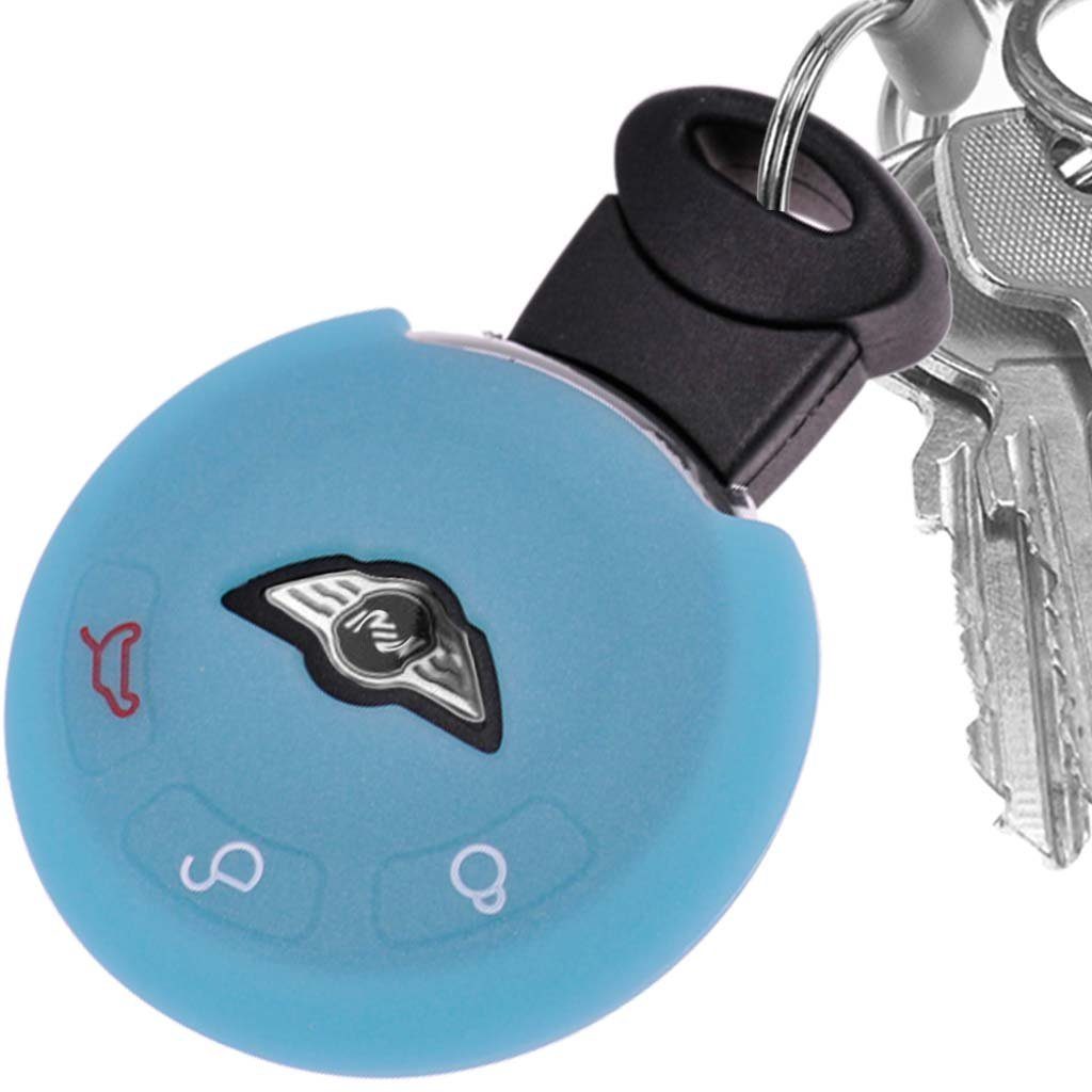 mt-key Schlüsseltasche Autoschlüssel Softcase Silikon Schutzhülle fluoreszierend Blau, für Mini R55 R56 R57 R59 R60 R61 Cooper Clubman ONE S Paceman 3 Tasten