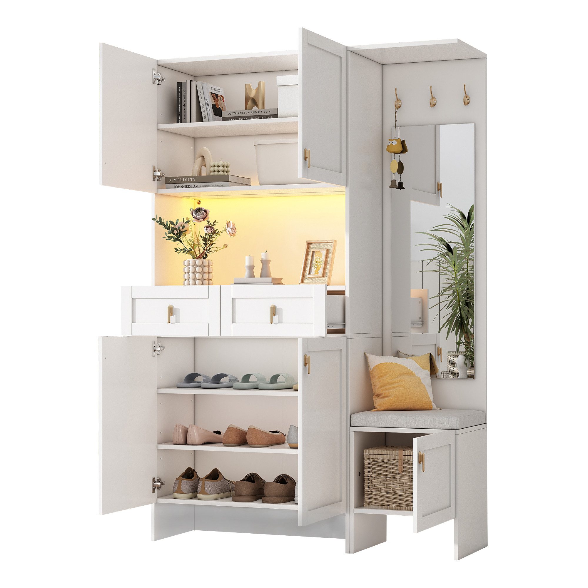 i@home Garderoben-Set Garderoben-Set, mit Schuhbank und Schuhschrank, weiß, Wandgarderob, mit 5 Türen, 2 Schubladen, 1 Spiegel, weiße Flurmöbel