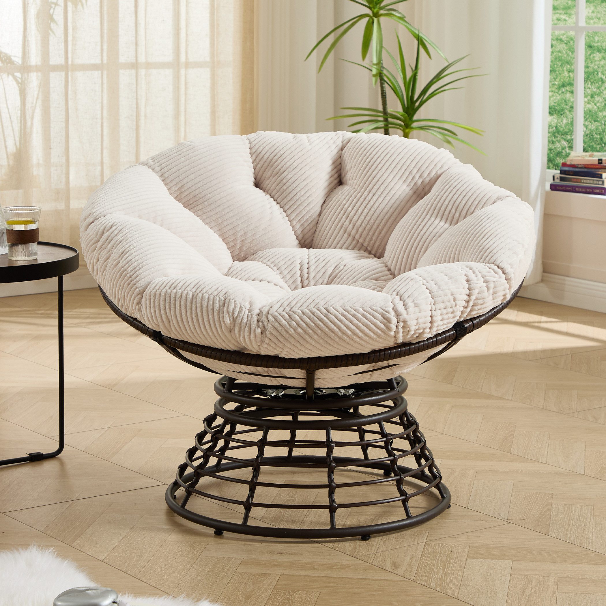 SeedWave Loungesessel 360° Drehbarer Papasan-Sessel Stahlgestell mit 92cm Trennbarem Polster, Relaxsessel für Balkon, Garten, Terrasse