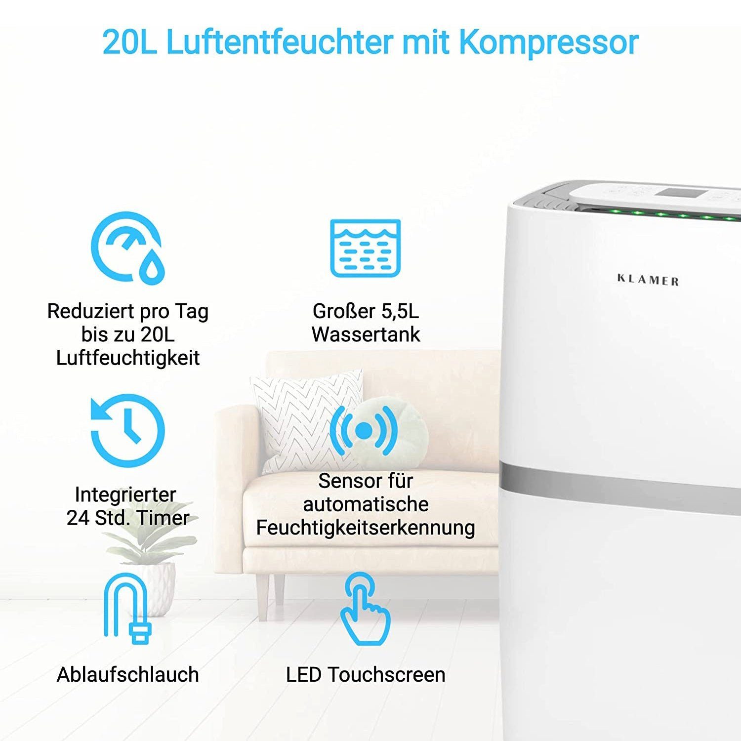 KLAMER Luftentfeuchter Elektrisch 20L, 195m³ Luftumwälzung pro Stunde, 420W günstig online kaufen