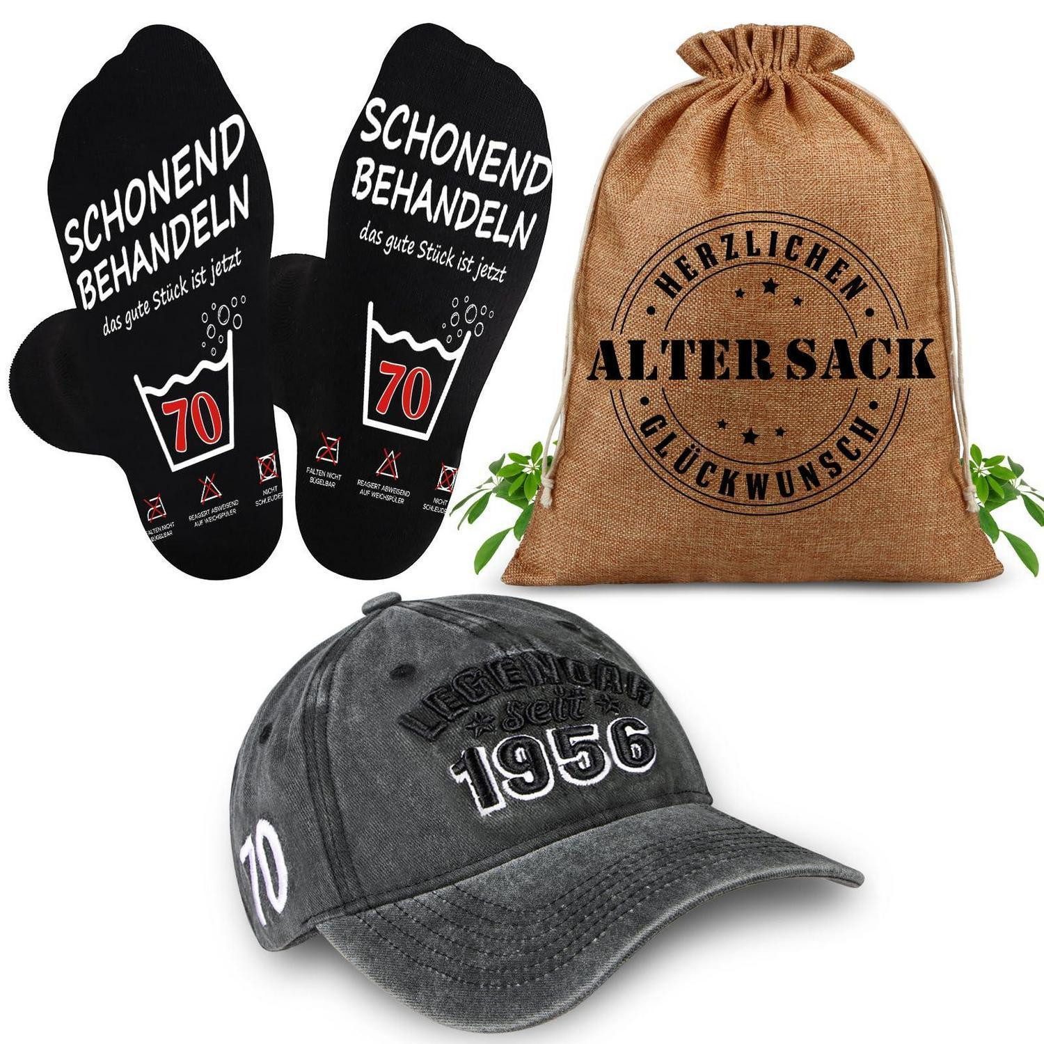 LuxusKollektion Geschenkbox Geschenkset 70. Geburtstag Männer Grau Cap Socken Beutel