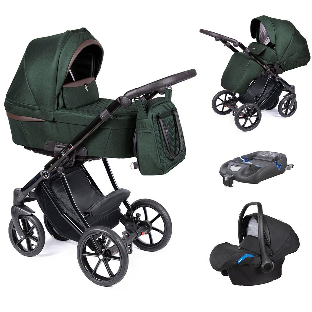 babies-on-wheels Kombi-Kinderwagen 4 in 1 Kinderwagen-Set Dante - 14 Teile - in 16 Farben Tannengrün = Gestell schwarz