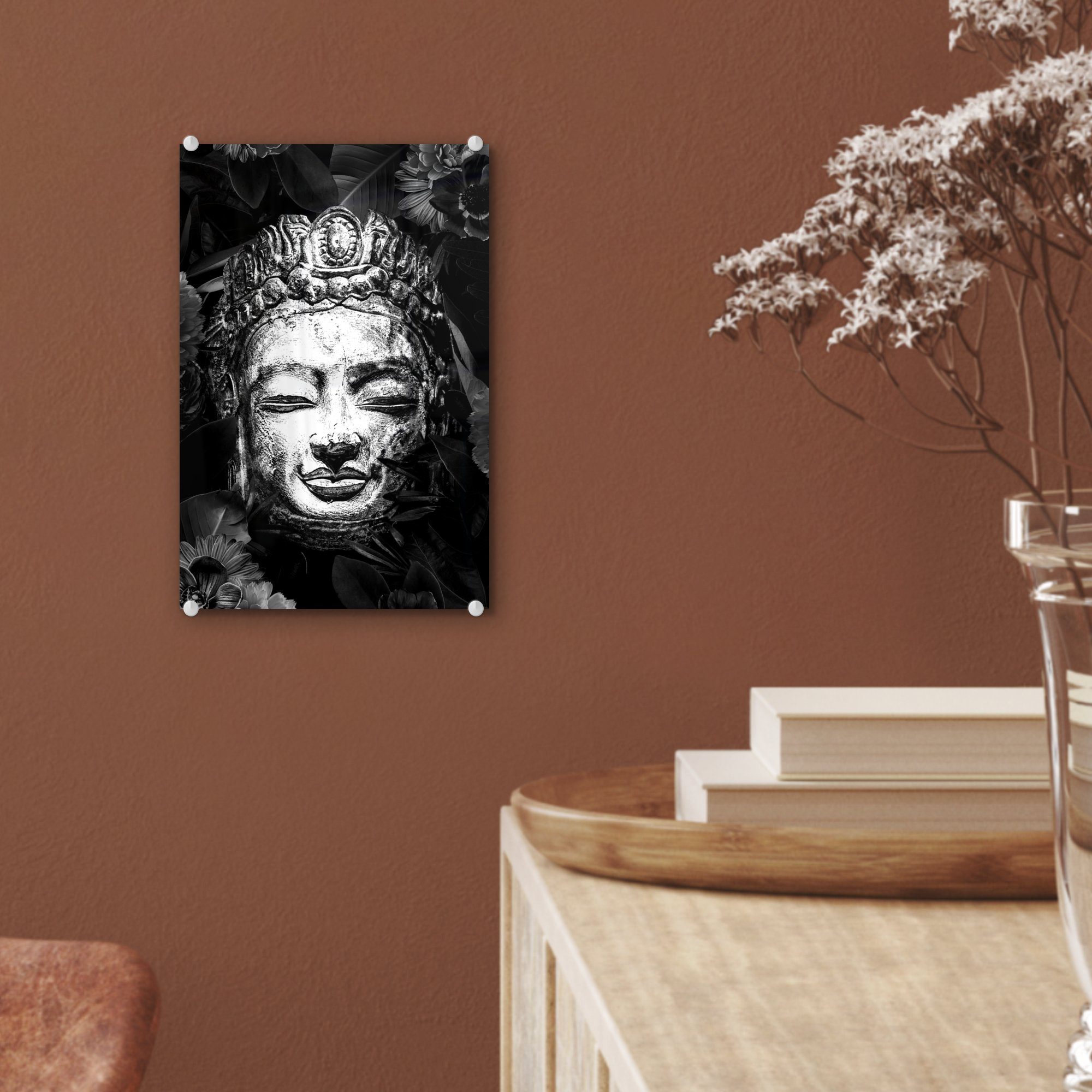 mit und Glasbilder Kopf (1 - Rauher - Blättern Wanddekoration bunt Blumen eines Buddhas auf schwarz Acrylglasbild - Bilder und MuchoWow Wandbild St), - weiß, Glas auf Glas Foto