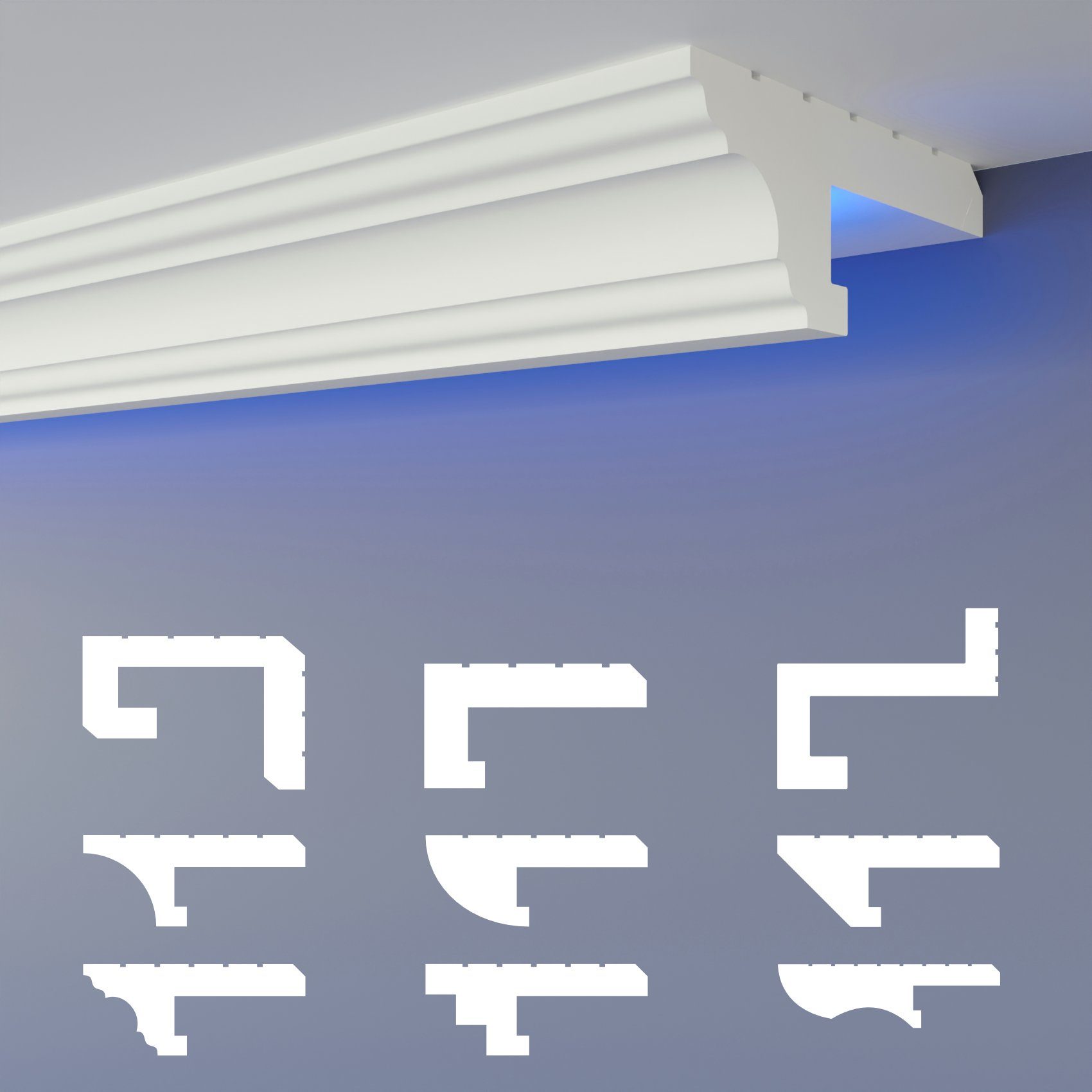 HEXIMO Eckprofil (LED-Schattenfugenprofil Stuckleisten, indirekte Beleuchtung XPS-Styropor-Trockenbau-Deckenstuck dekorative Lichtdeckenleisten (20,4 Meter HLED 16)