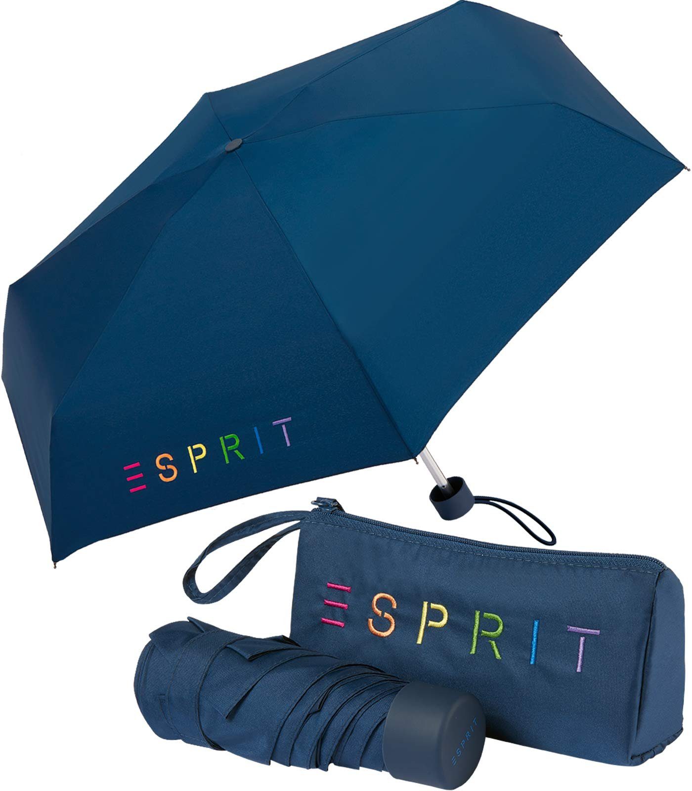 Esprit Taschenregenschirm Damen-Regenschirm Colorful Logo, bunt bedruckt mit Esprit-Schriftzug blau