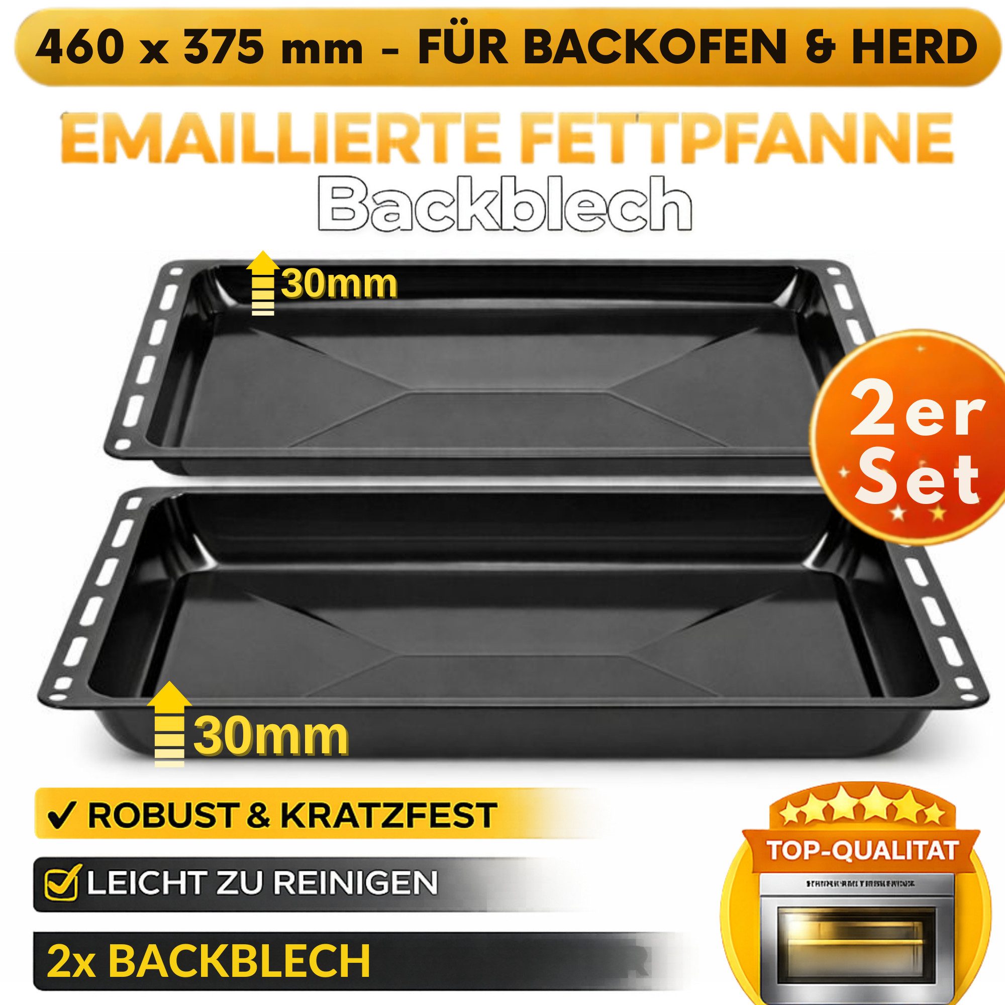 ICQN Backblech 460 x 370 x 30 mm, Fettpfanne für Backofen, Doppeltemailliert, (Backblech Set, 2-St), Passend für Bosch Neff Constructa, …