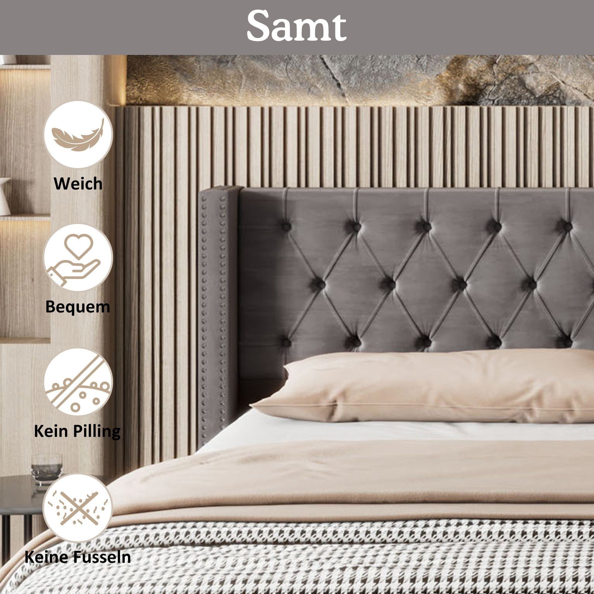 REDOM Polsterbett Doppelbett Bett Stauraumbett Jugendbett gepolsteres Bettgestell (Massivholz Untergestell mit Hydraulisch anhebbarer Bettstauraum, Samt Bezug Funktionsbett mIt Staufächer 180x200 cm Ohne Matratze), mit weichem Kopfteil Schaum-Polsterung Ohrenform Große Knopfnähte