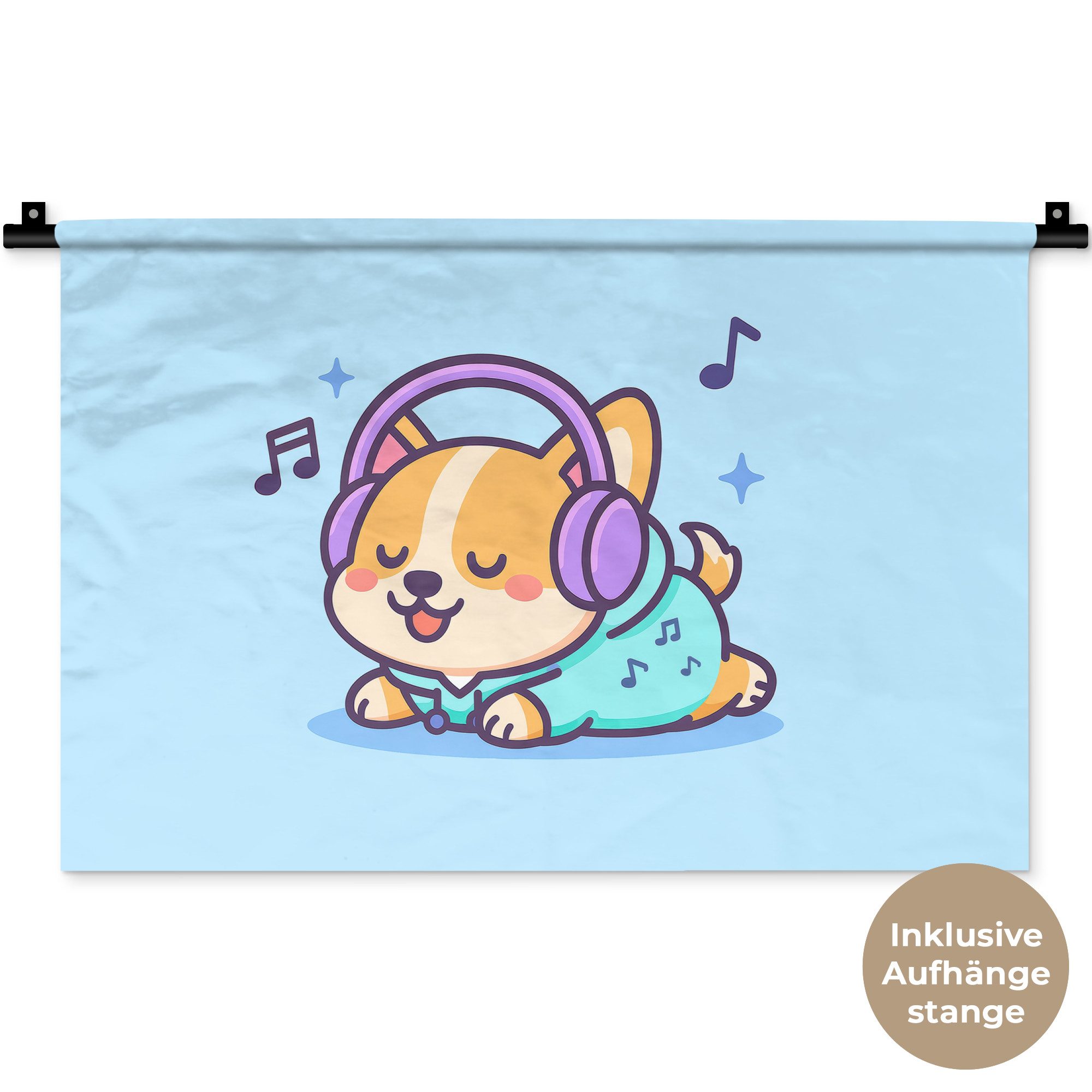 MuchoWow Wandteppich Corgi - Kopfhörer - Blau - Musikalische Noten, Rechteckig, Höhe: 3 mm, Wandteppich für Wohnzimmer, Schlafzimmer, 60x40 cm